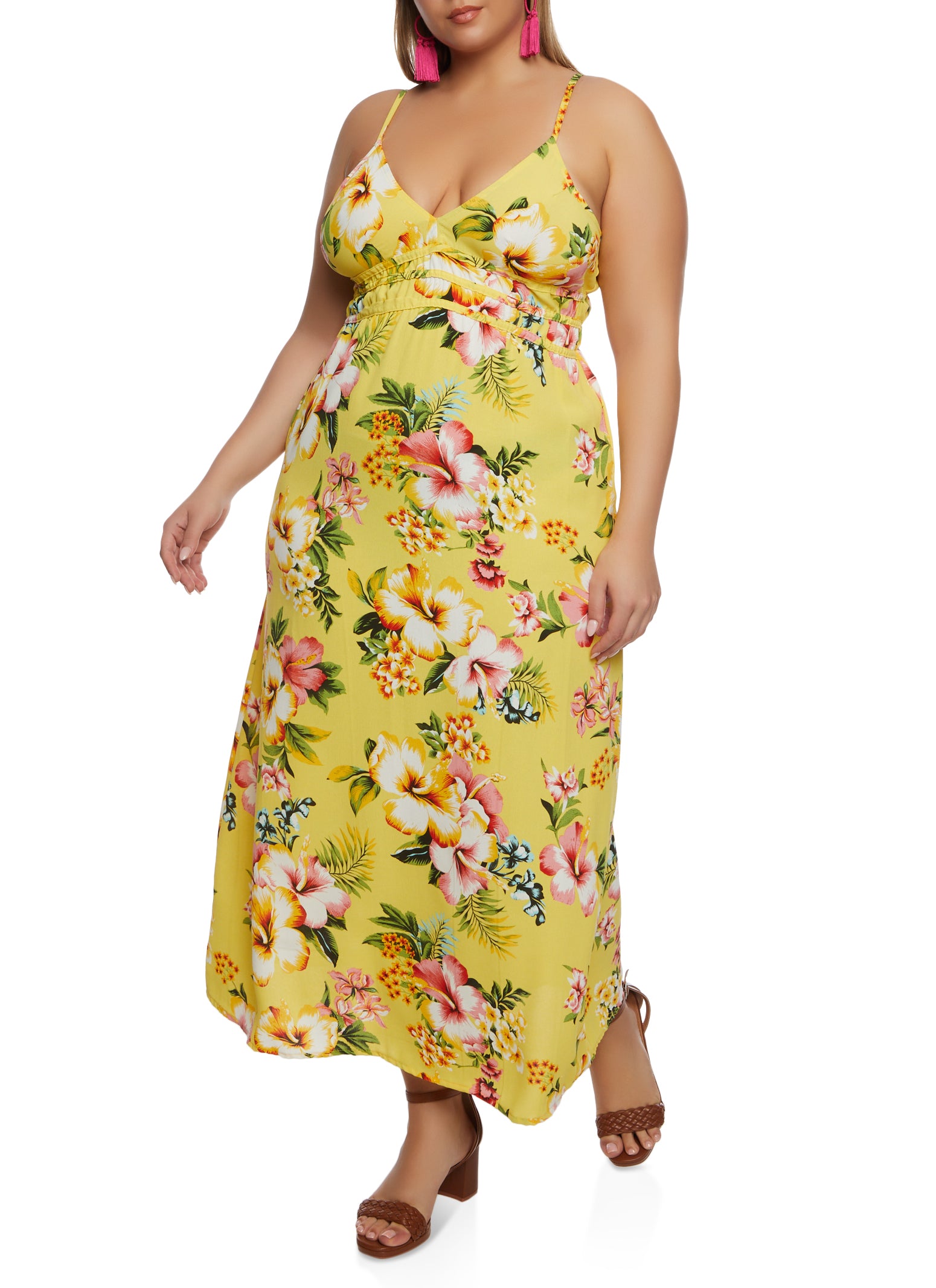 Plus Size Floral Print V Neck Maxi Sundress - Yellow