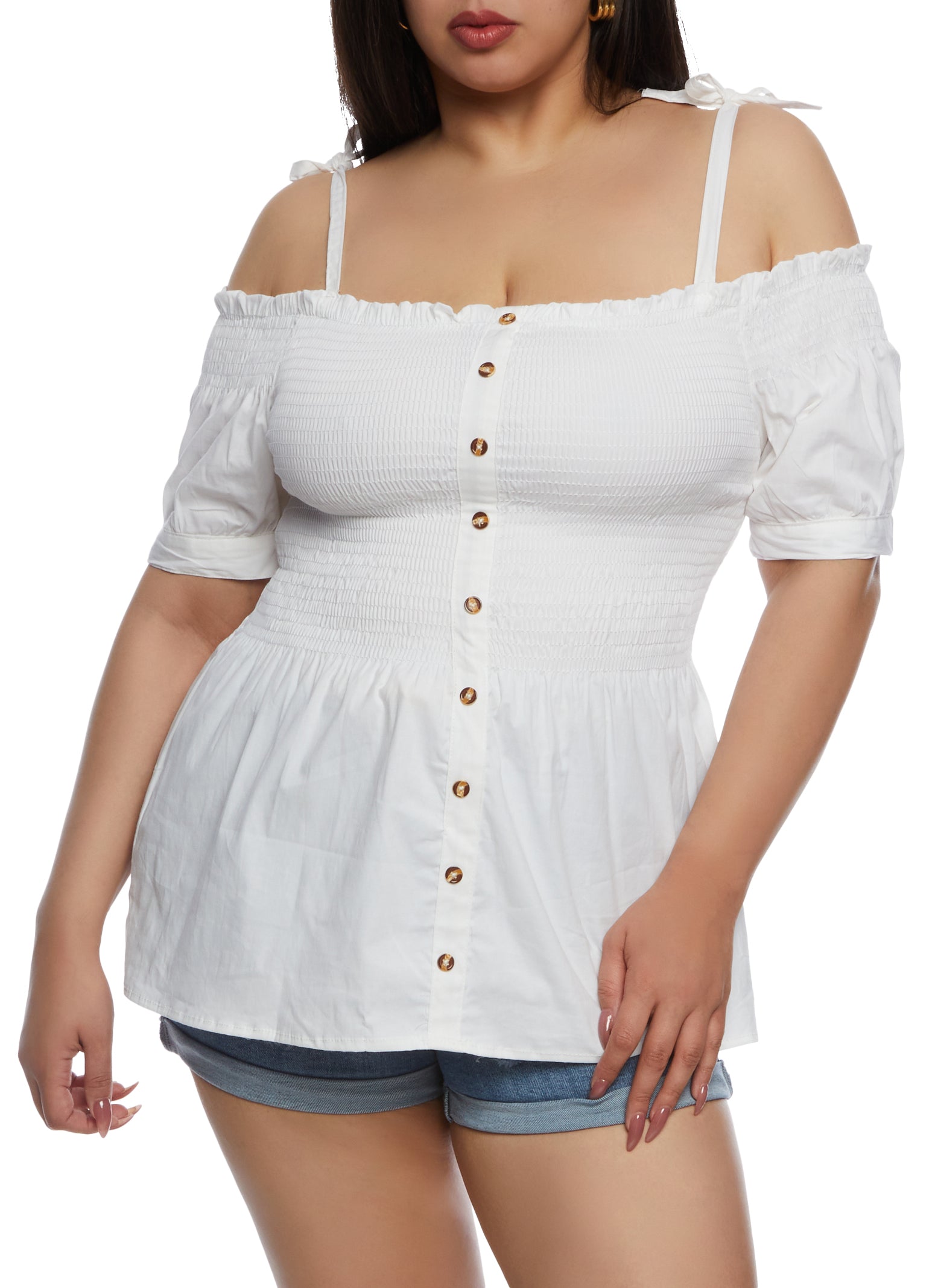 Plus Size Tie Strap Smocked Cold Shoulder Top 