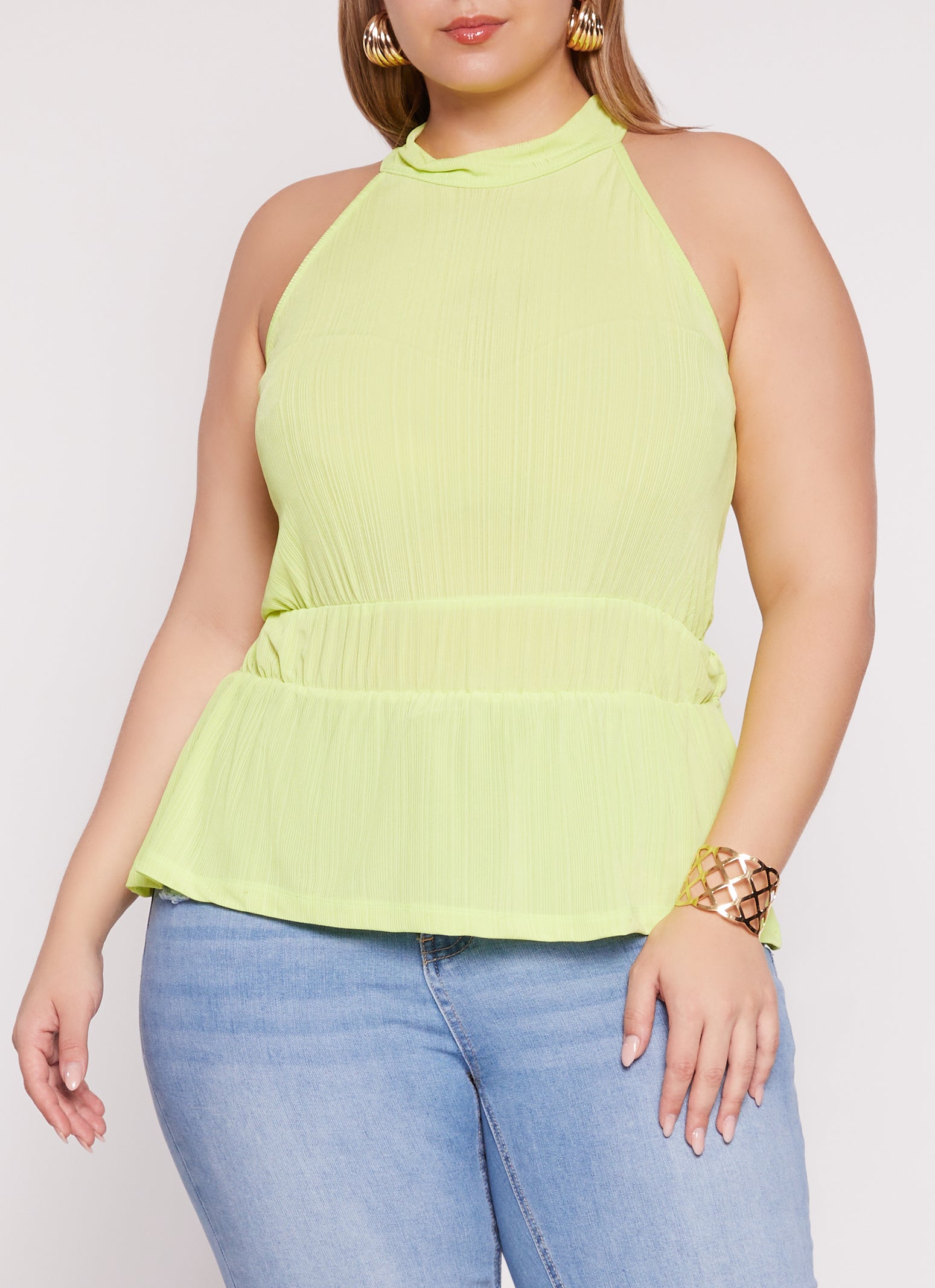 Plus Size High Neck Sleeveless Peplum Top - Green