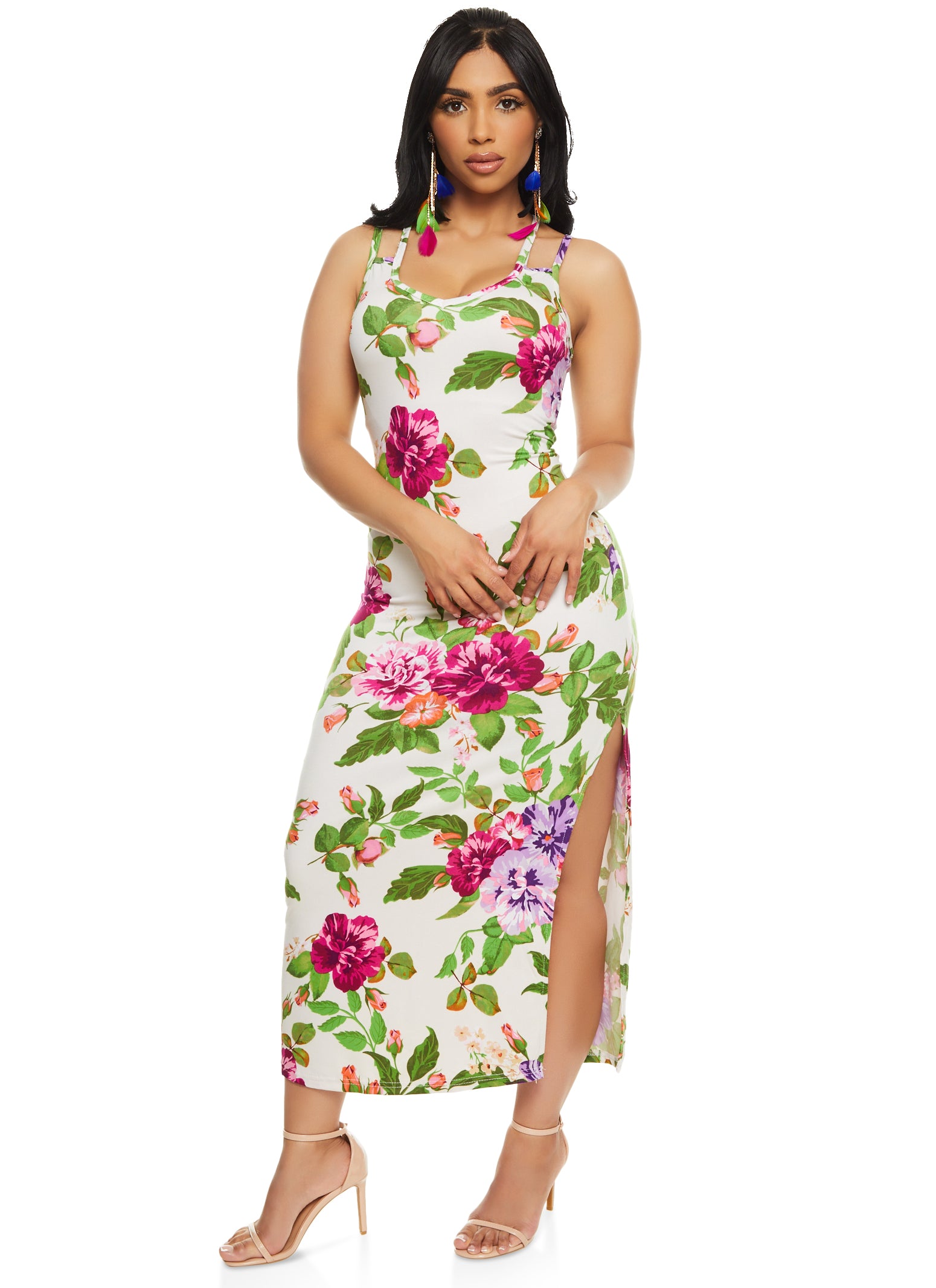 Floral Print Side Slit Tank Dress