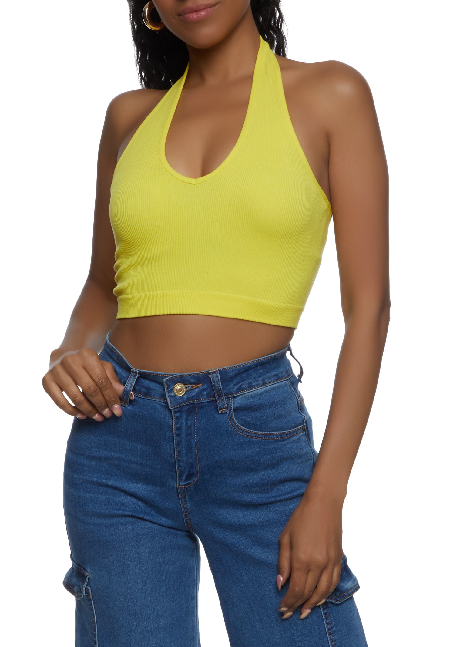 Yellow halter shops neck