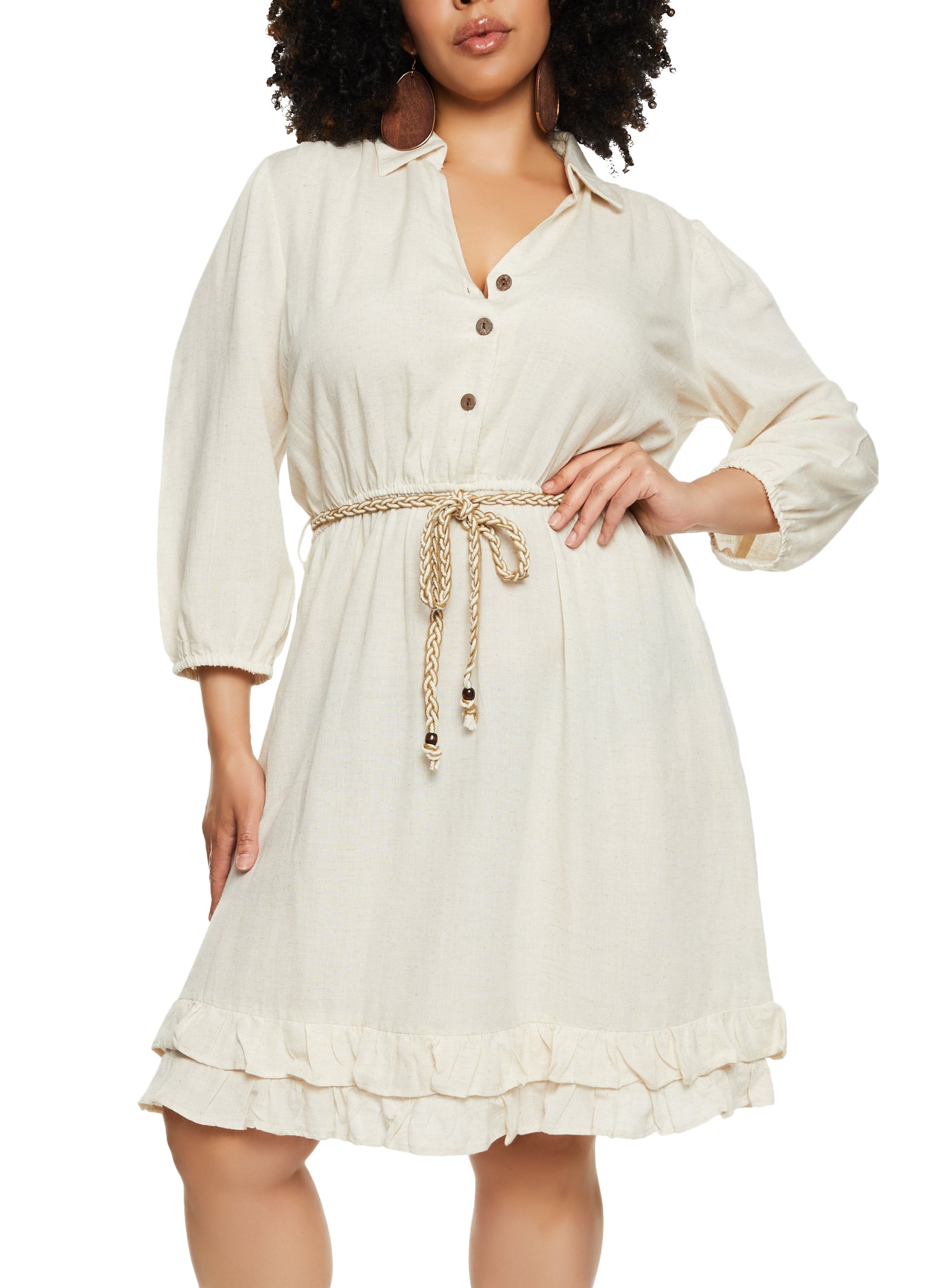 Plus Size Linen Rope Belt Shirt Dress - Natural