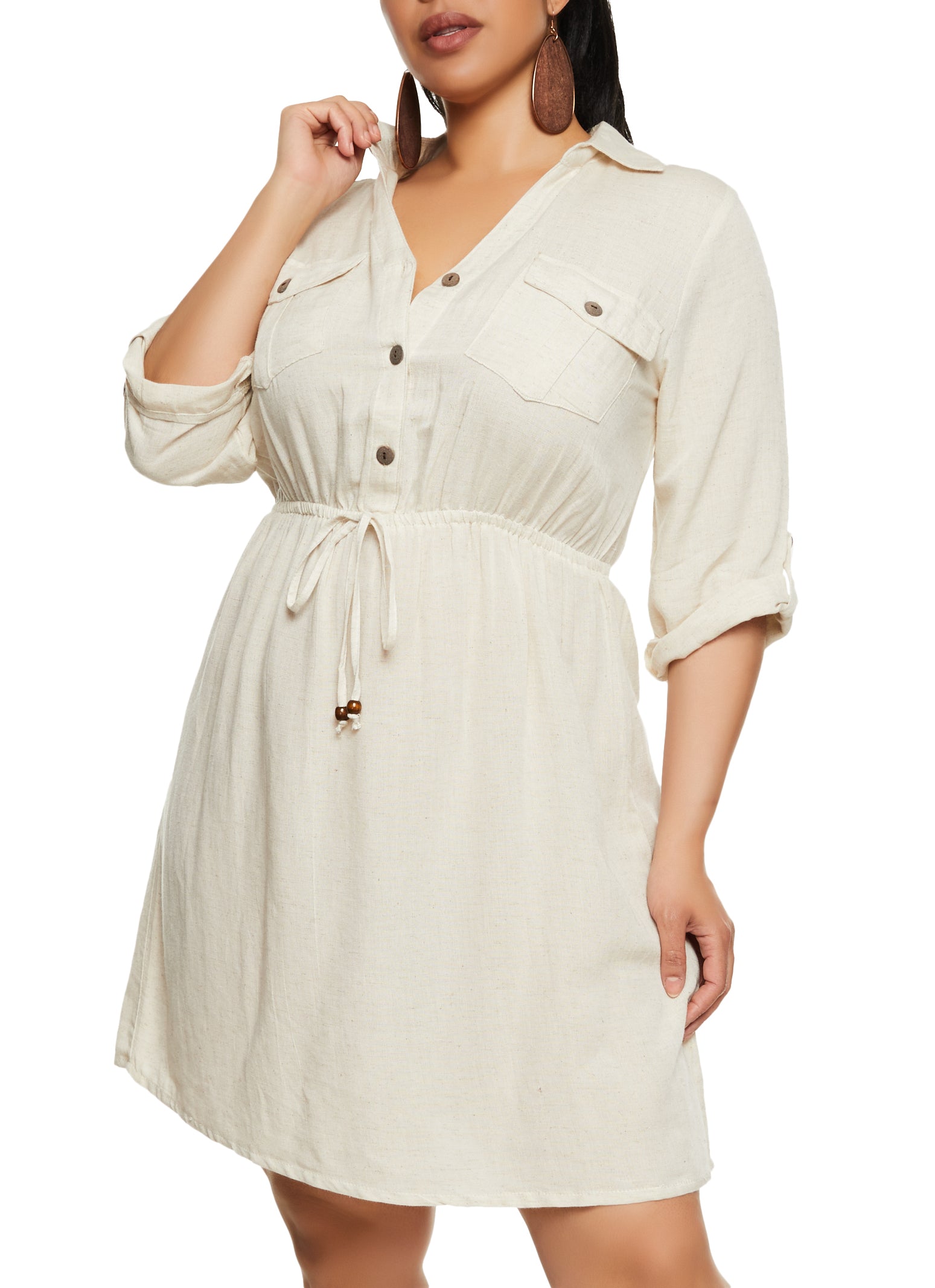 Plus Size Linen Elastic Waist Shirt Dress - Natural