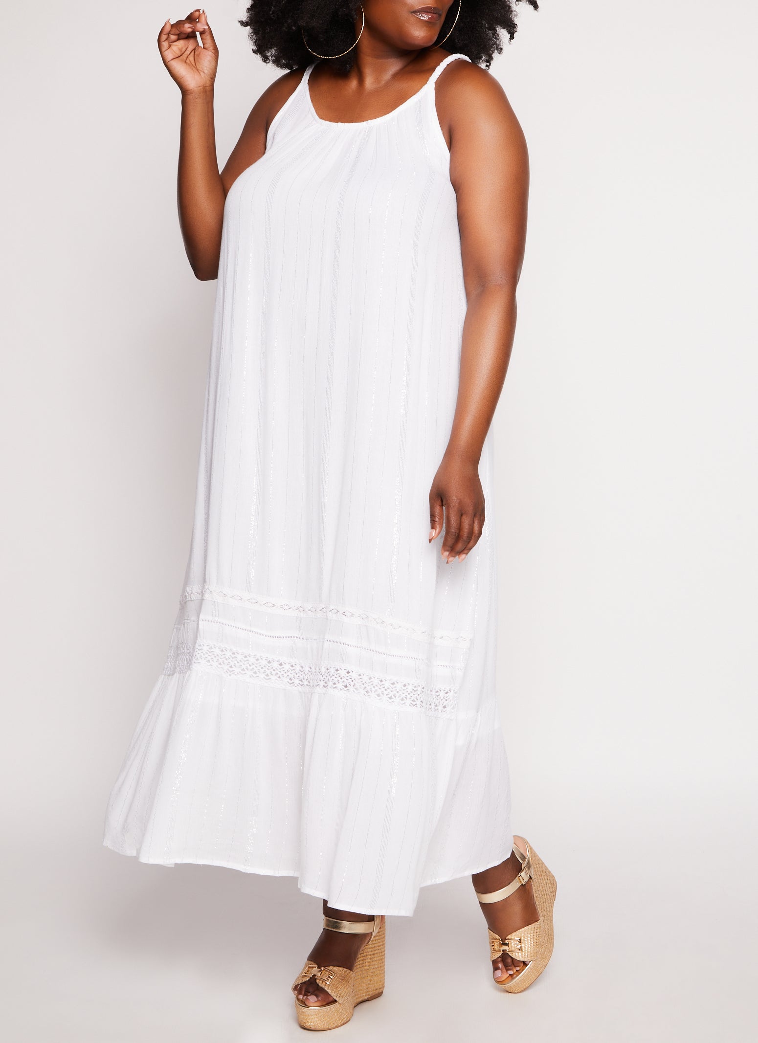 Plus Size Gauze Knit Lurex Striped Maxi Dress - White