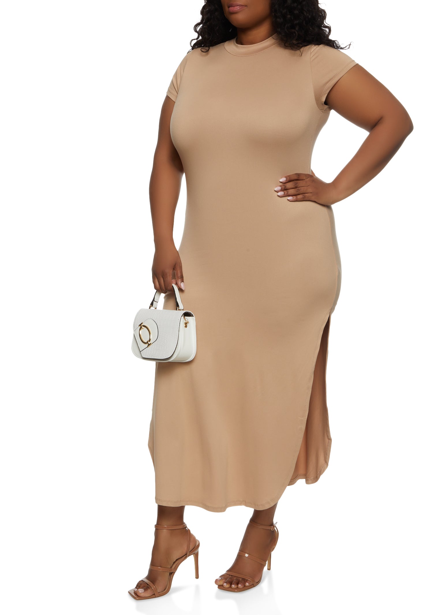 Plus Size Side Slit Mock Neck Maxi Dress - Nude