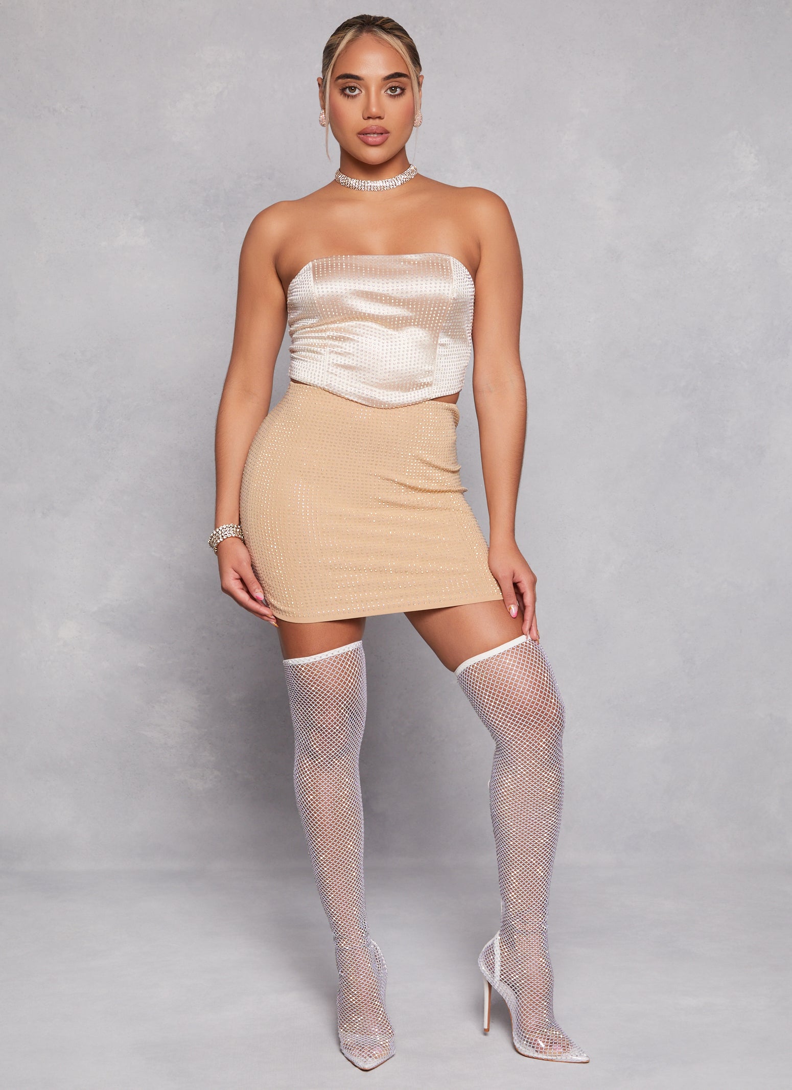 Iris Rhinestone Mini Skirt - Nude