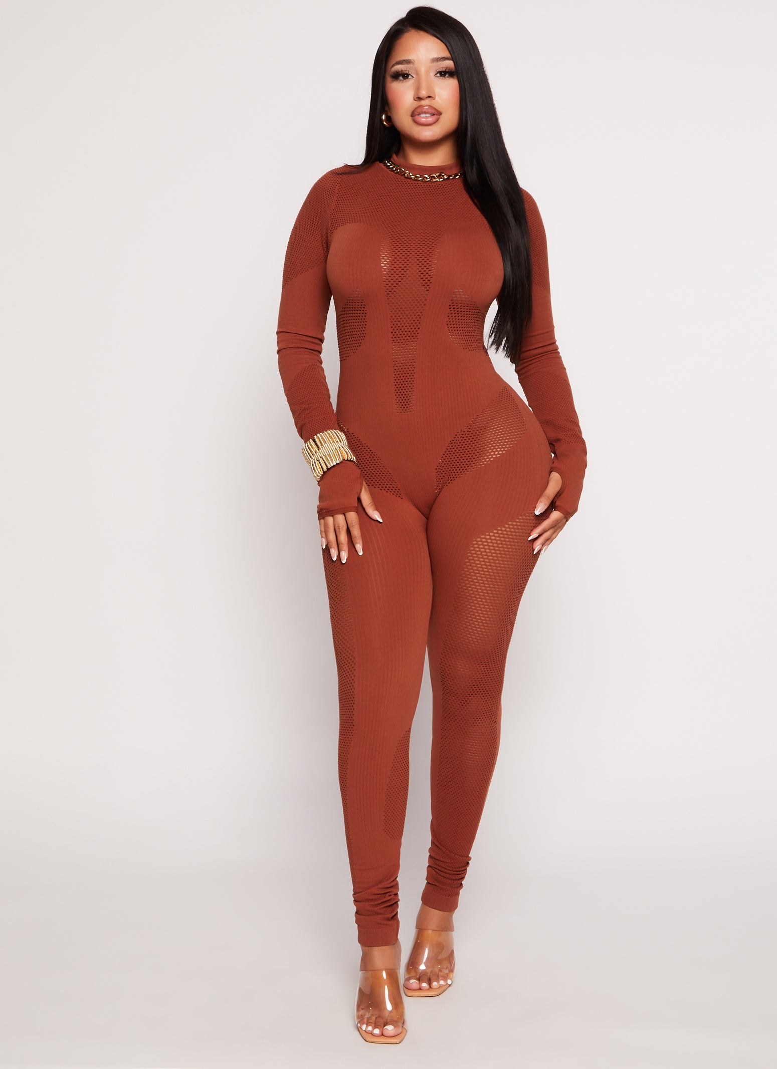 Seamless Ribbed Fishnet Detail Long Sleeve Jumpsuit