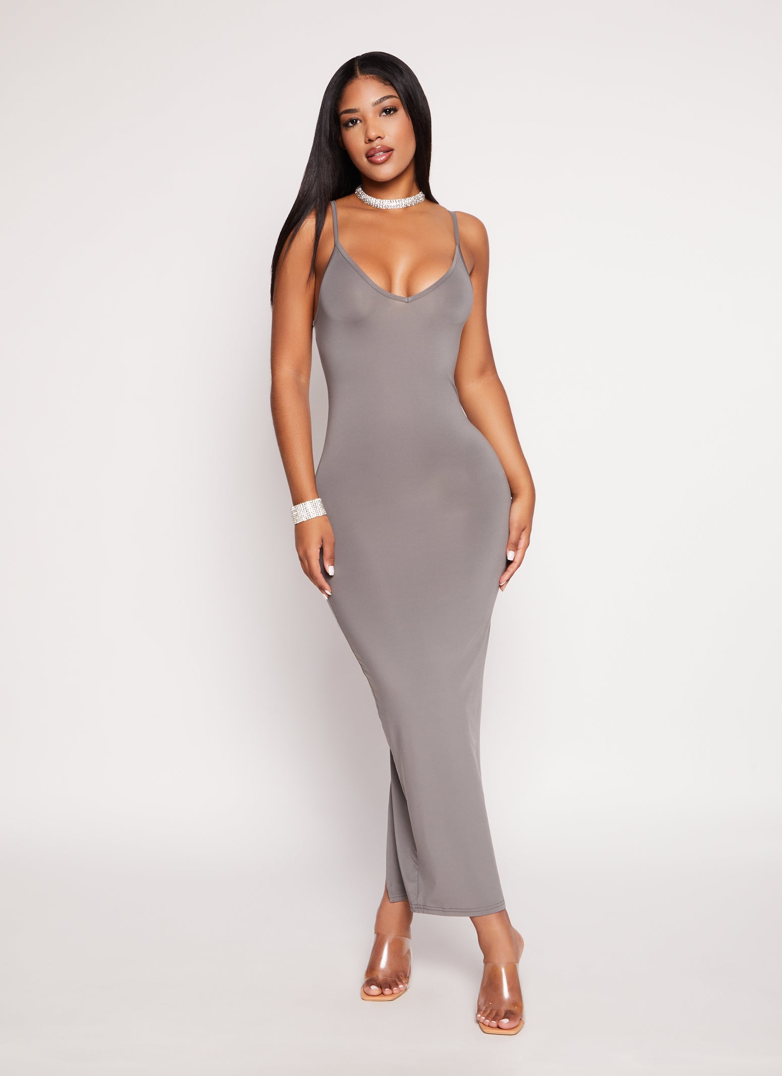 Daisy V Neck Bodycon Maxi Dress - Charcoal