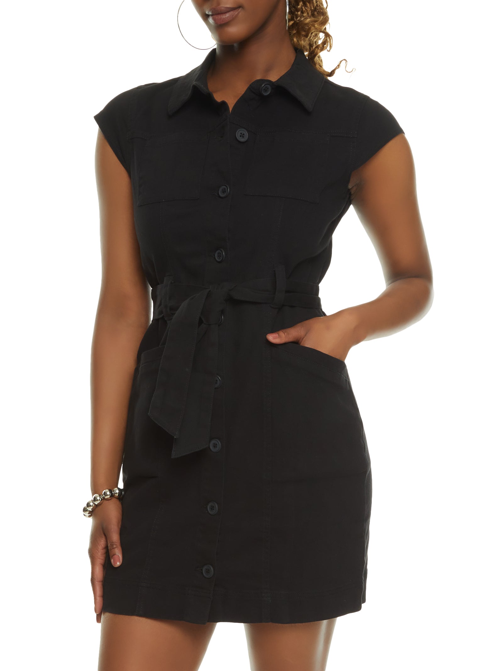 Twill Button Front Belted Shirt Dress - Black