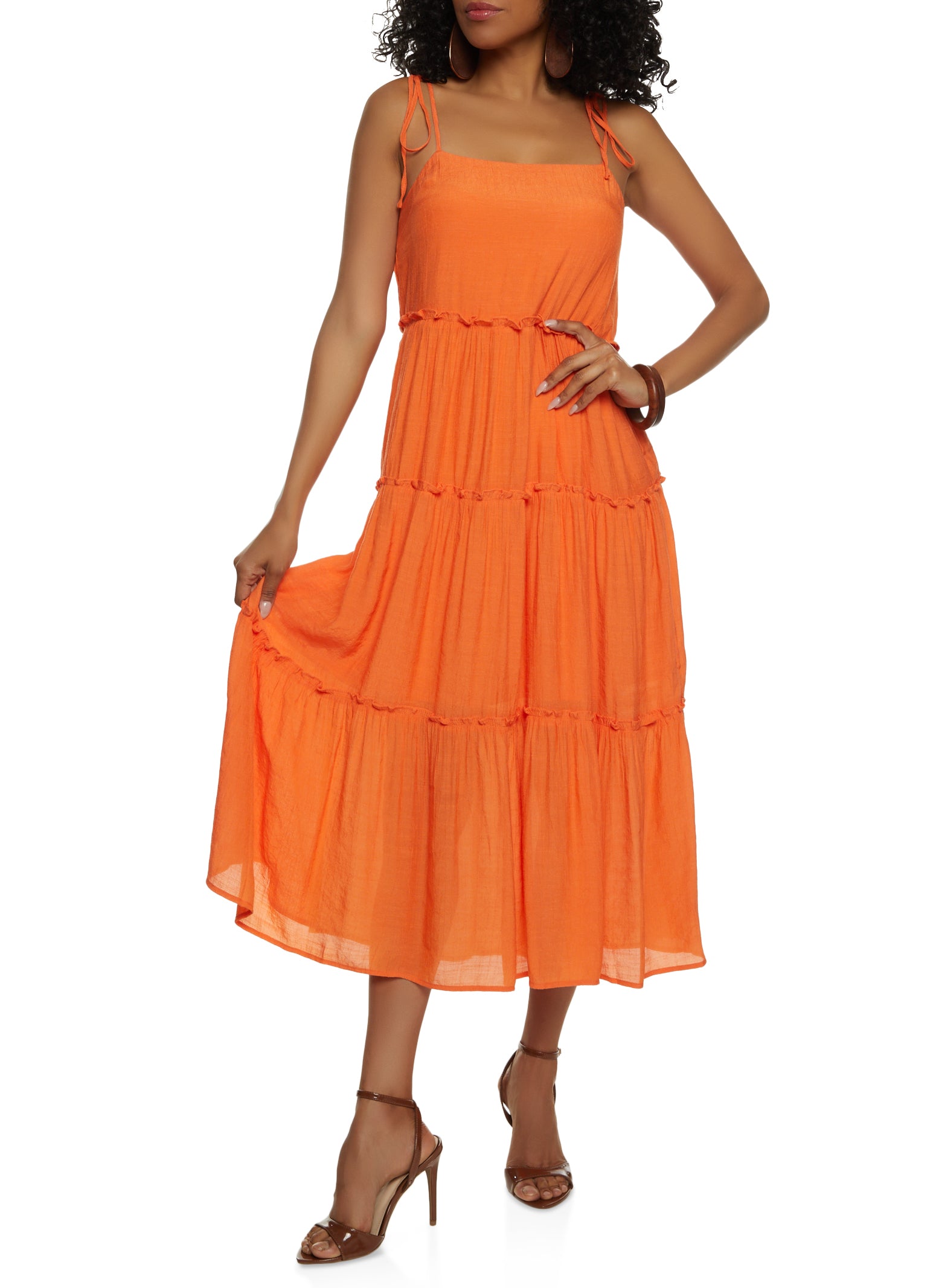 Tie Strap Tiered Midi Dress - Orange