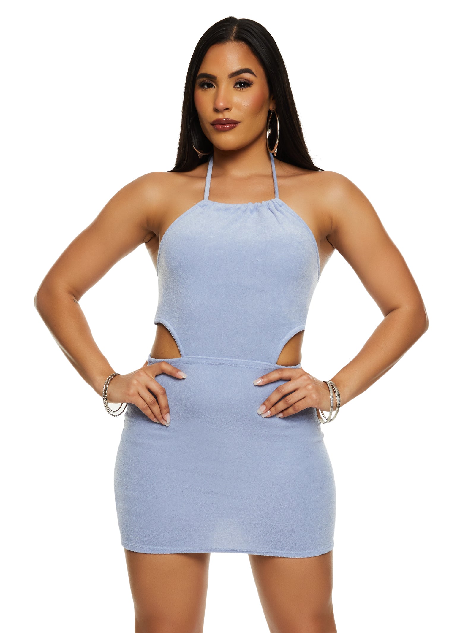 Almost Famous Terry Cloth Cut Out Halter Dress - Baby Blue