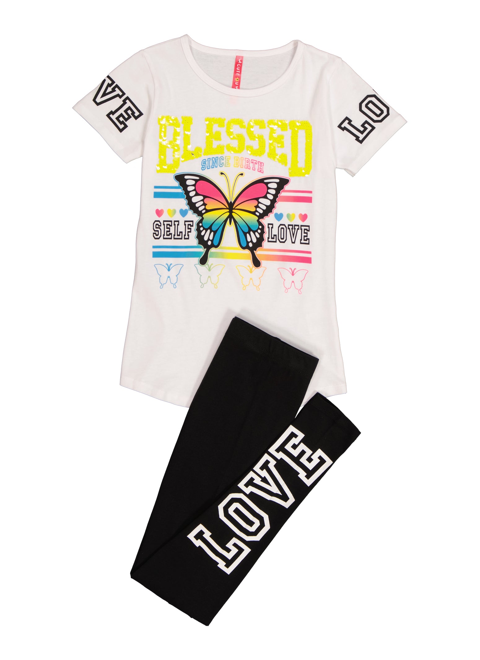 Girls Blessed Reversible Sequin Graphic Tee and Leggings - Wht-blk