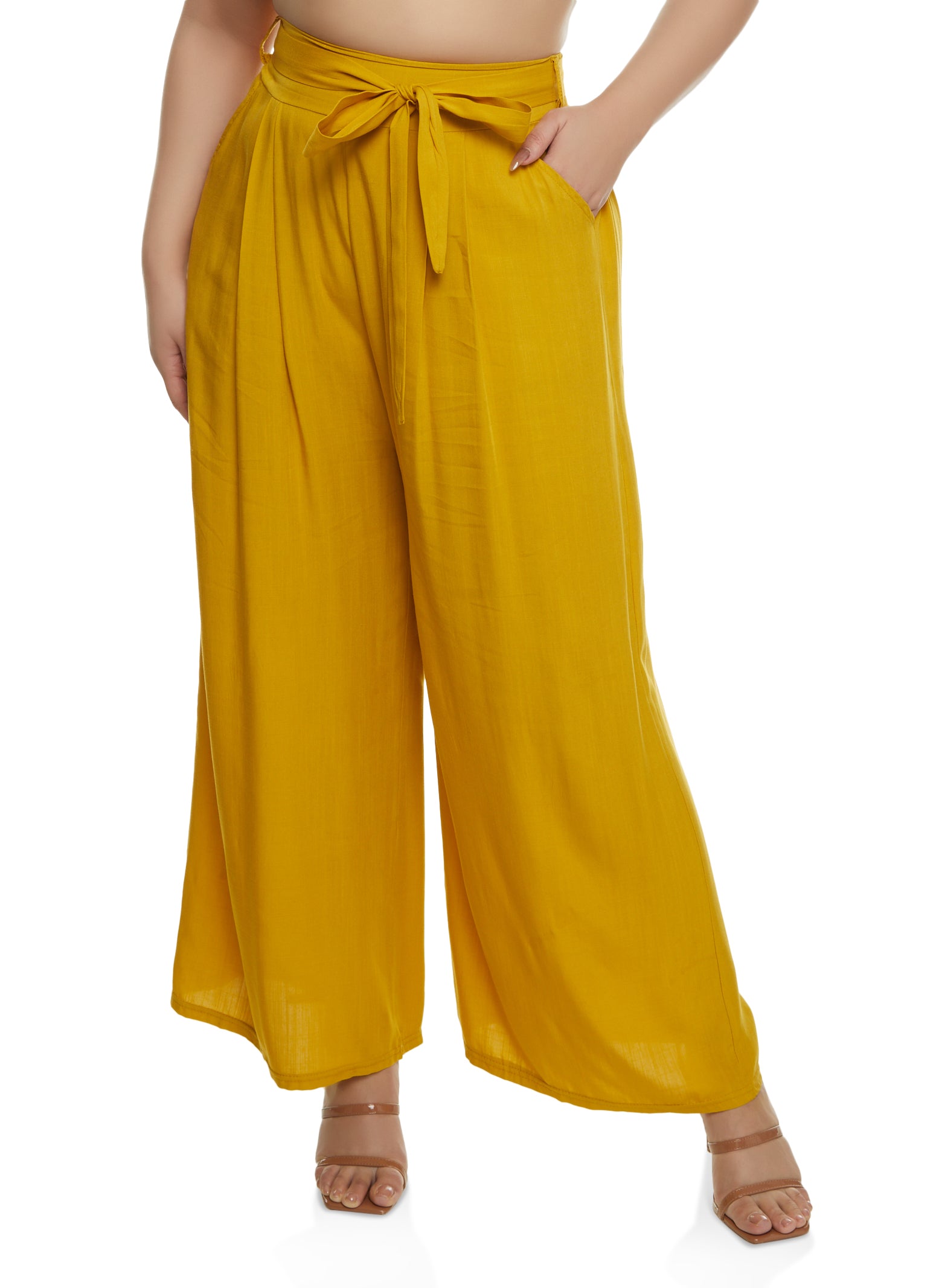 Rainbow Plus Size Split Leg Tie Waist Palazzo Pants Yellow Size 3X Womens Plus Size Pants