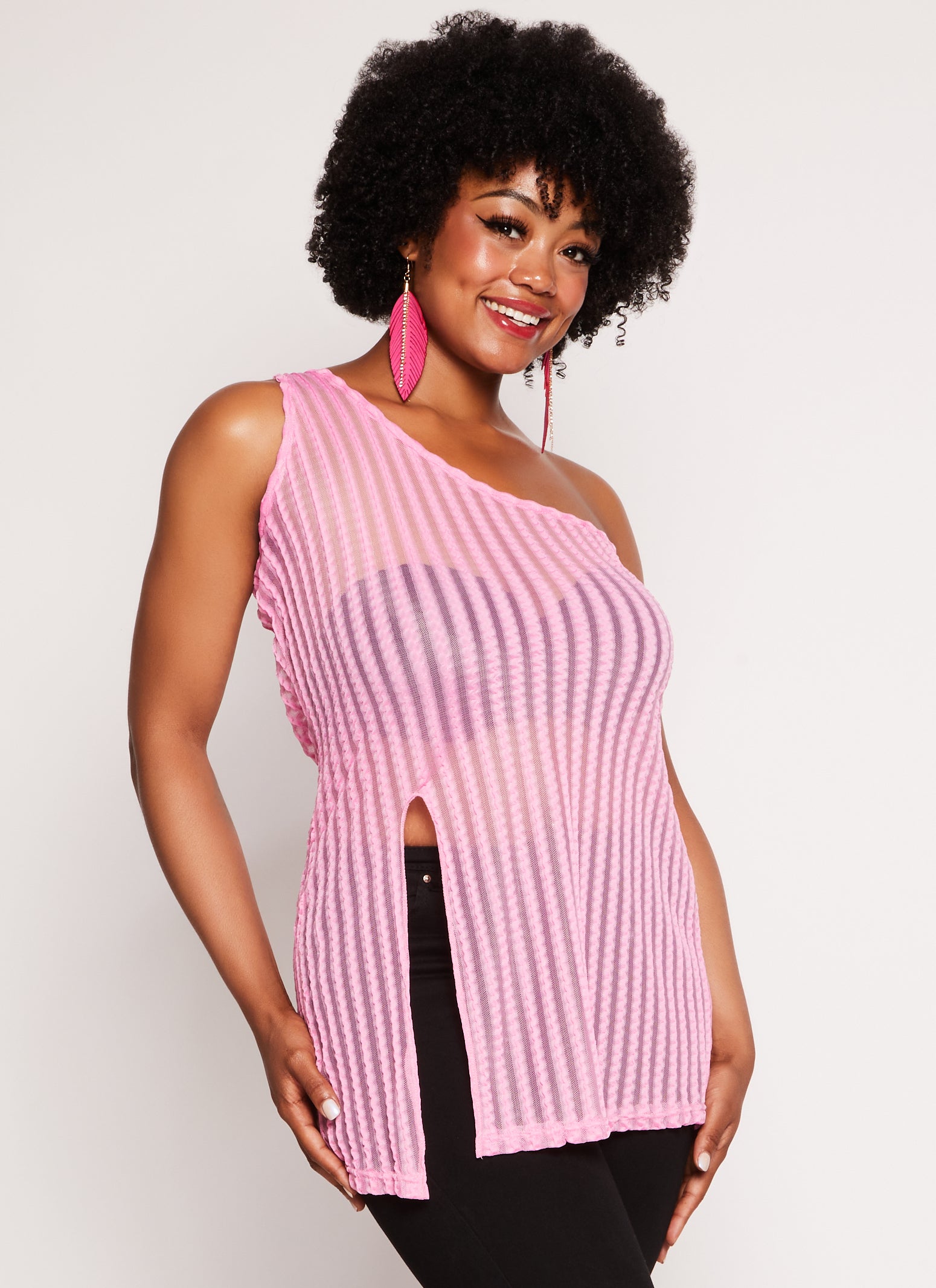 Plus Size Shadow Stripe One Shoulder Tank Top - Rose