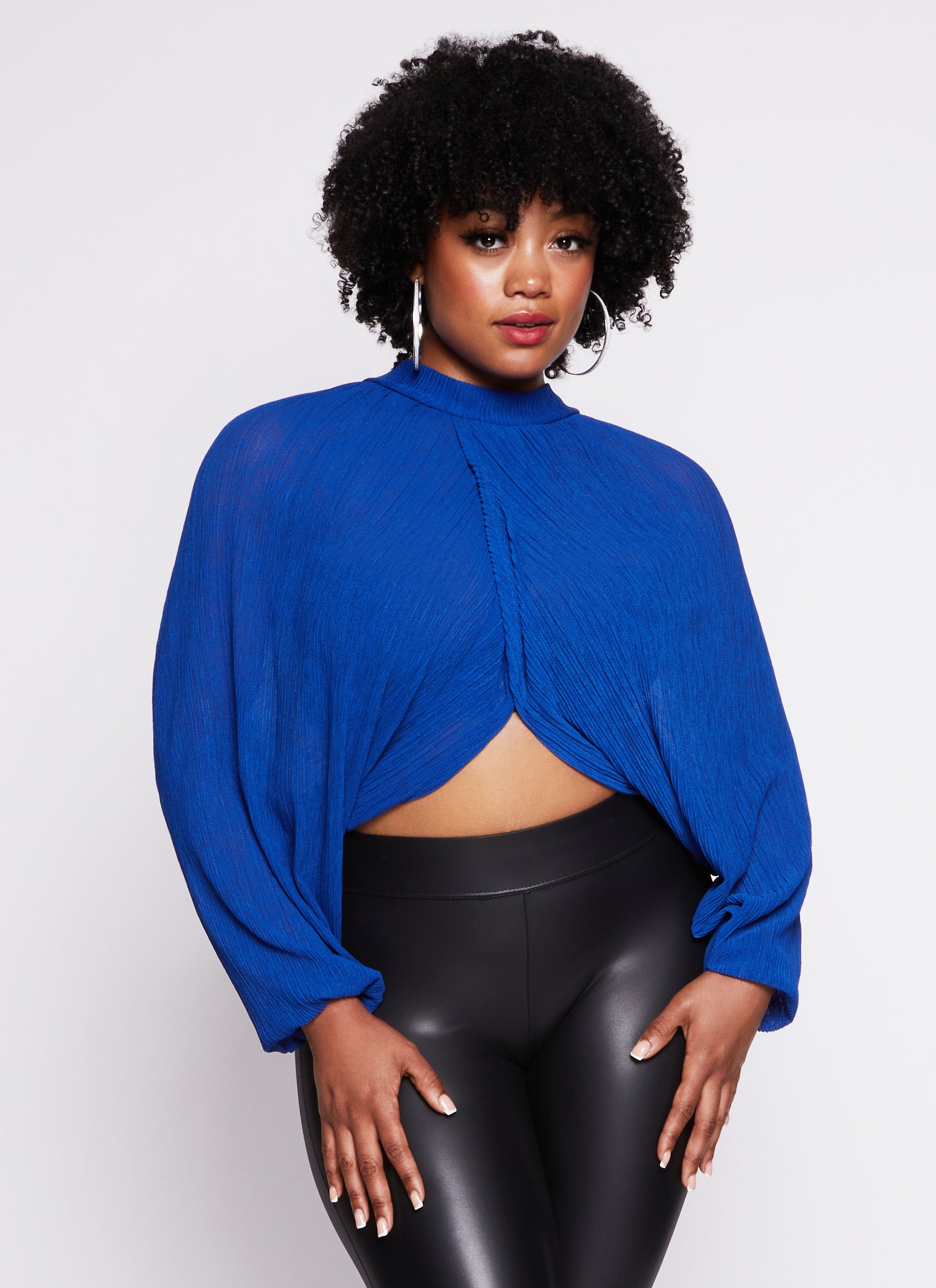 Plus Size Chiffon Mock Neck Long Sleeve Crop Top - Blue