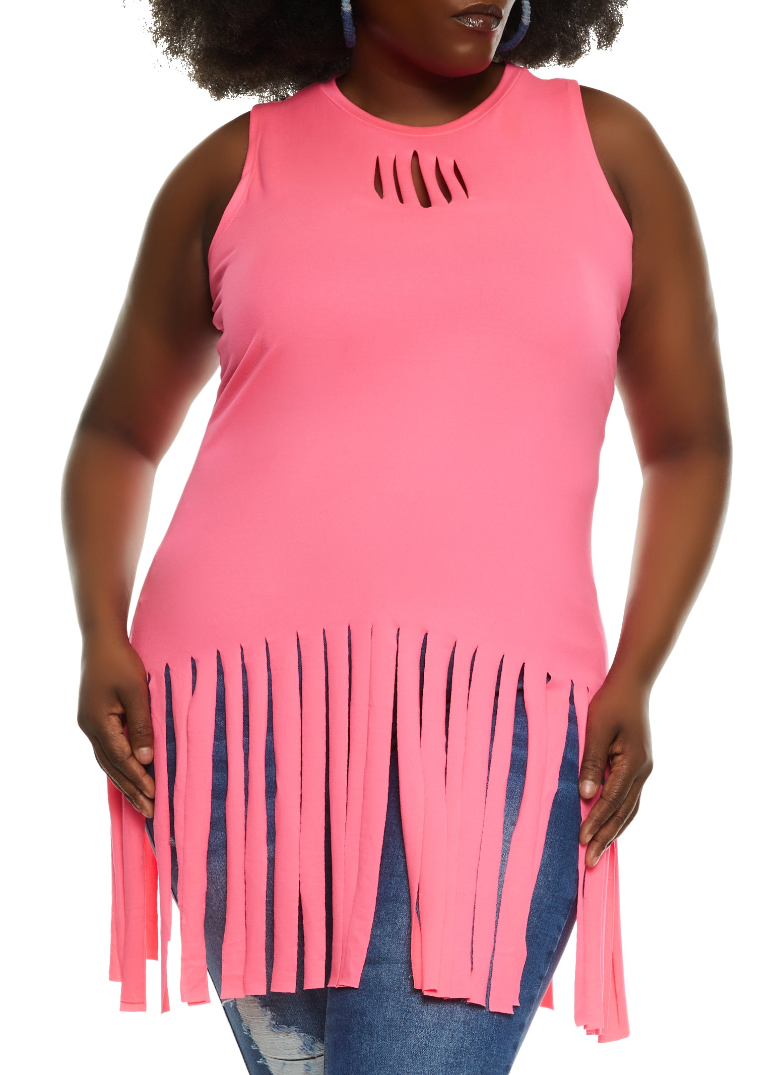 Plus Size Cut Out Fringe Tank Top 8192