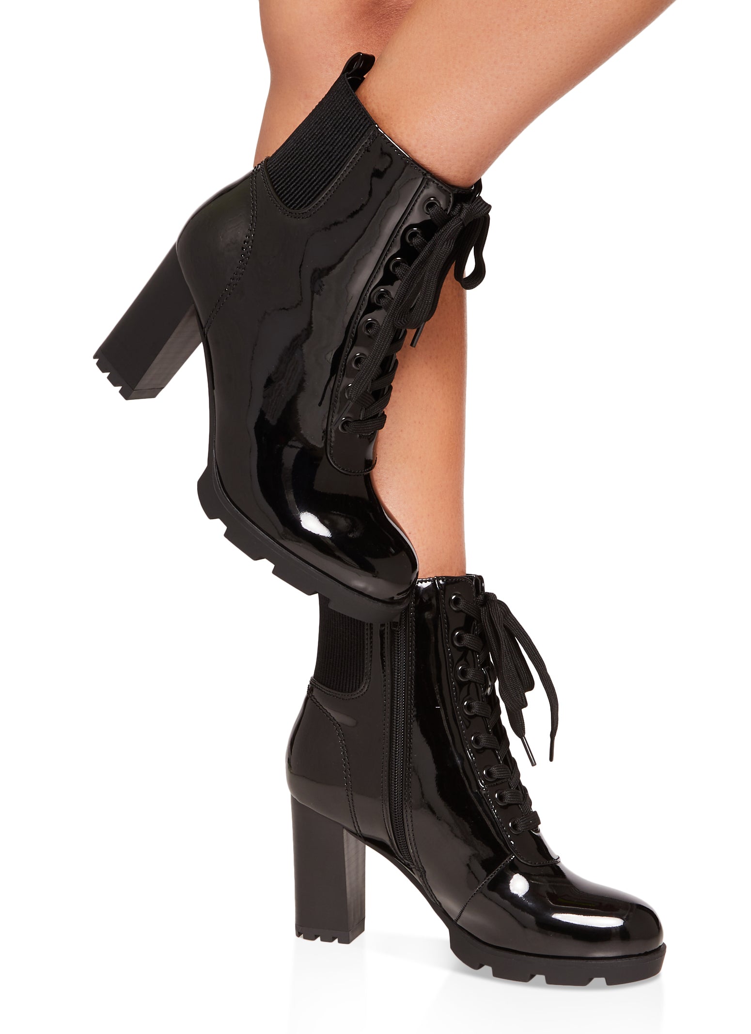 Black patent fashion chunky sole lace up ankle boot