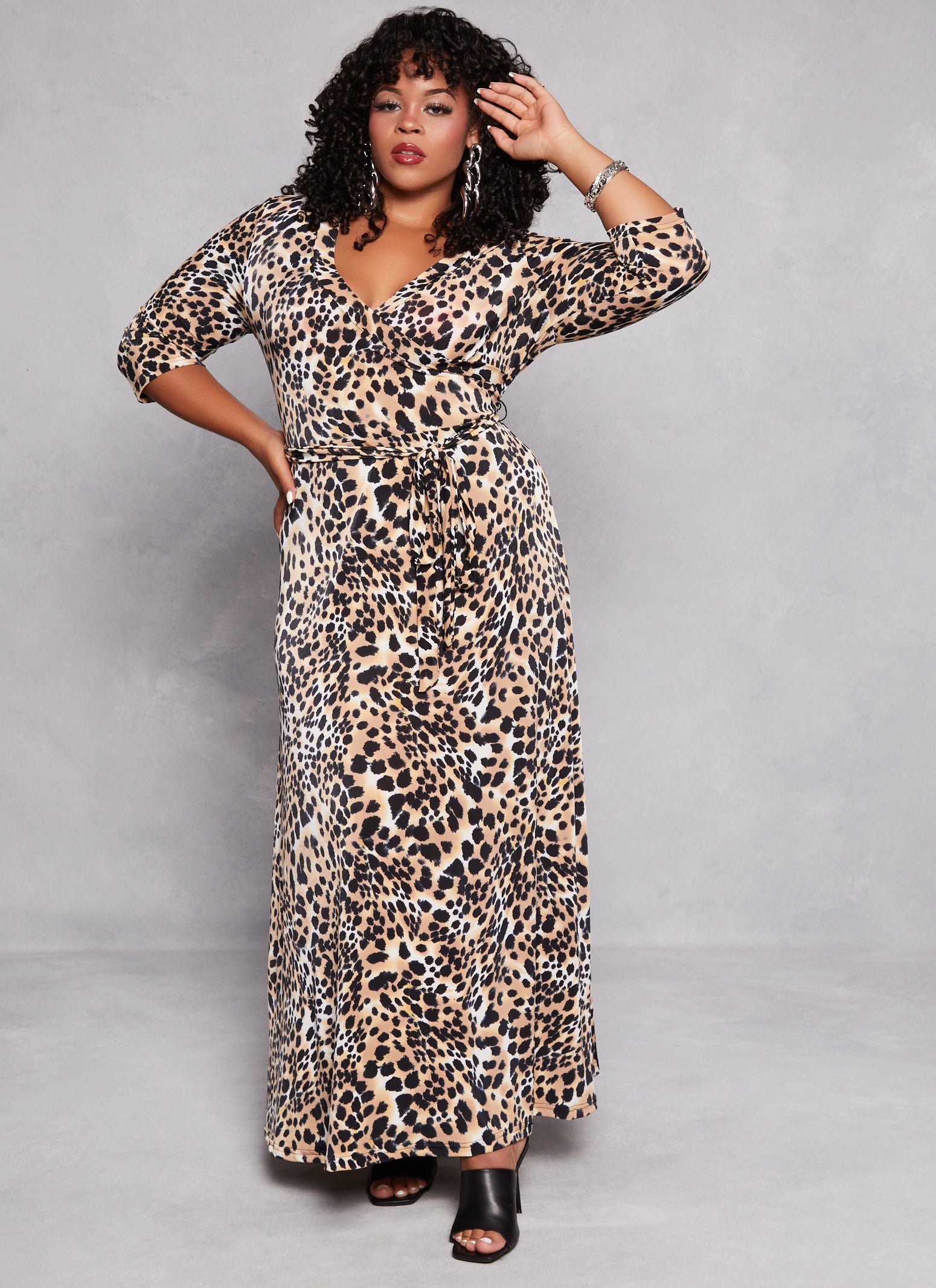 Plus Size Cheetah Print Faux Wrap Dress - Black