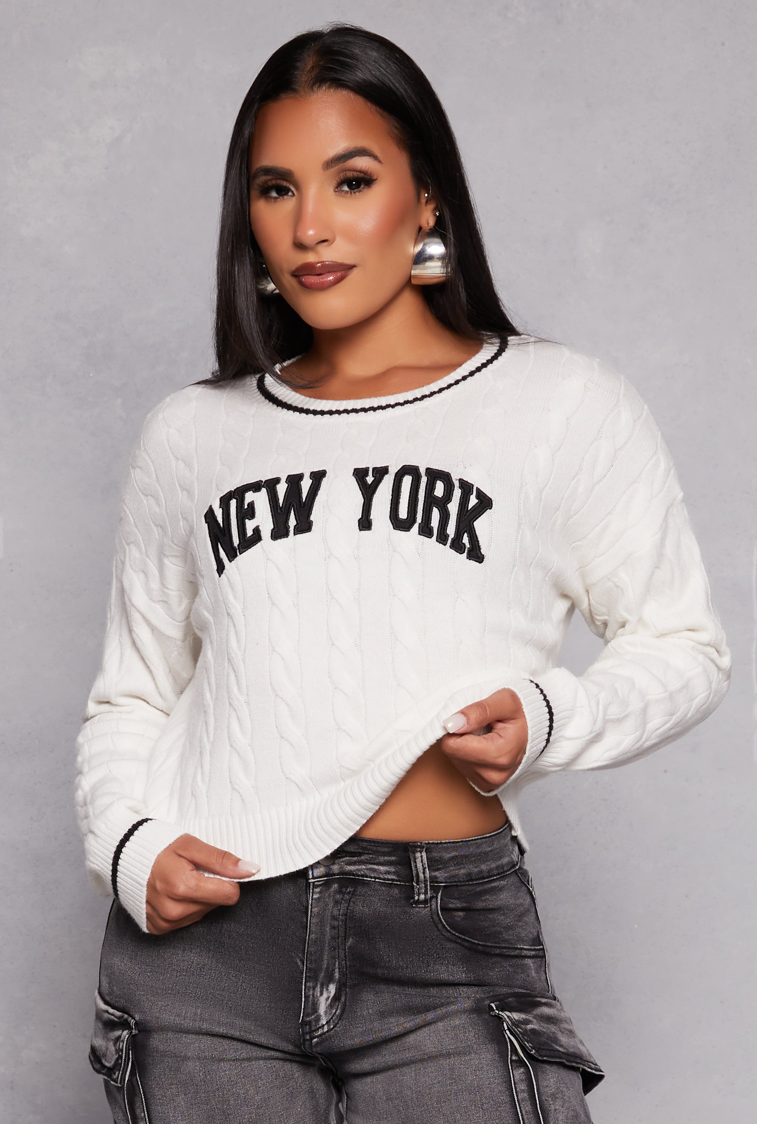 Almost Famous New York Cable Knit Graphic Sweater White