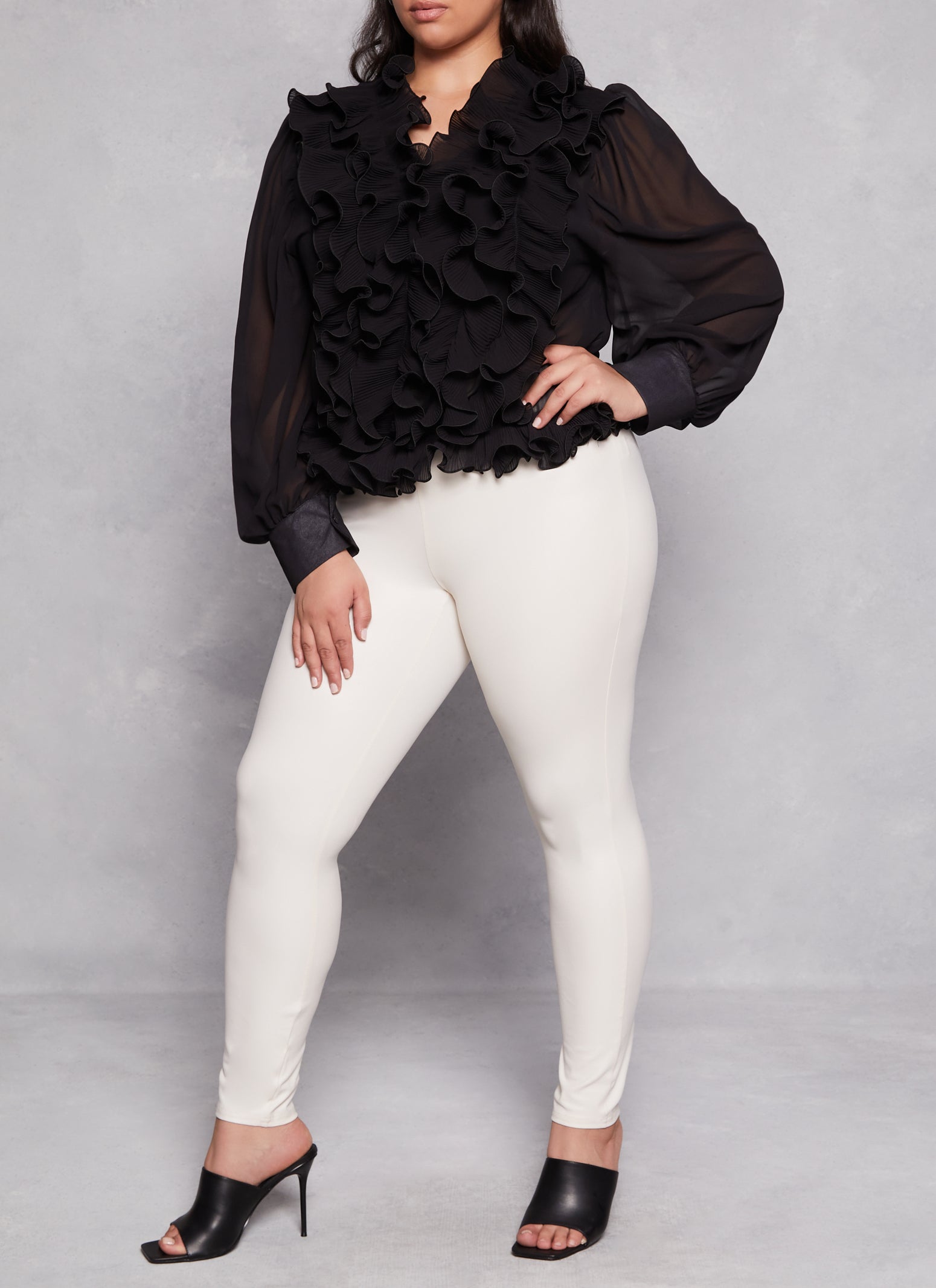 Plus Size Plisse Ruffle Chiffon Blouse - Black