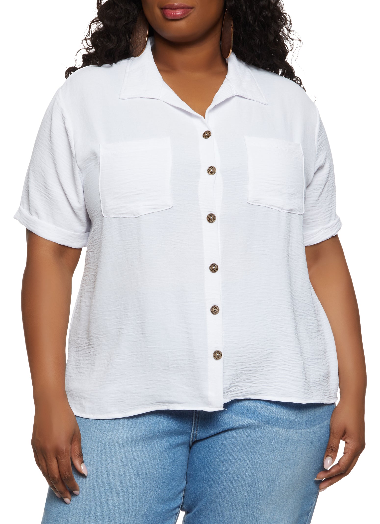 Plus Size Airy Pocket Button Down Shirt - White