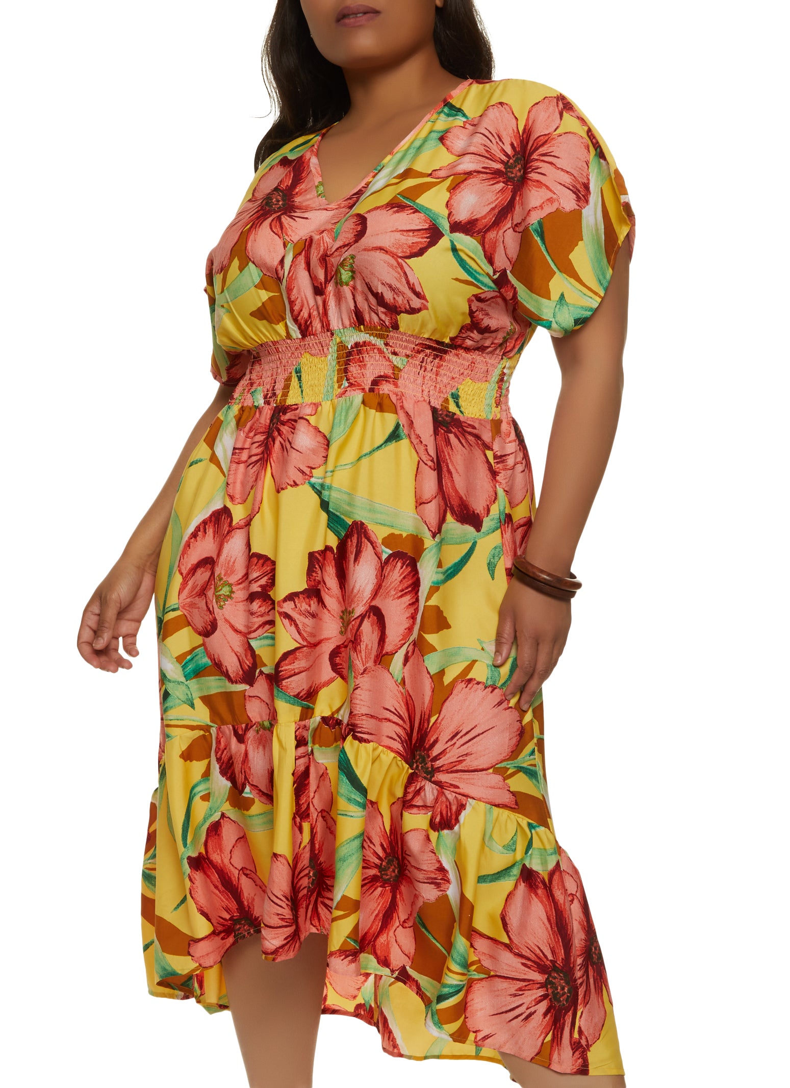 Plus Size Tropical Floral Smocked Empire Waist Dress - Gold