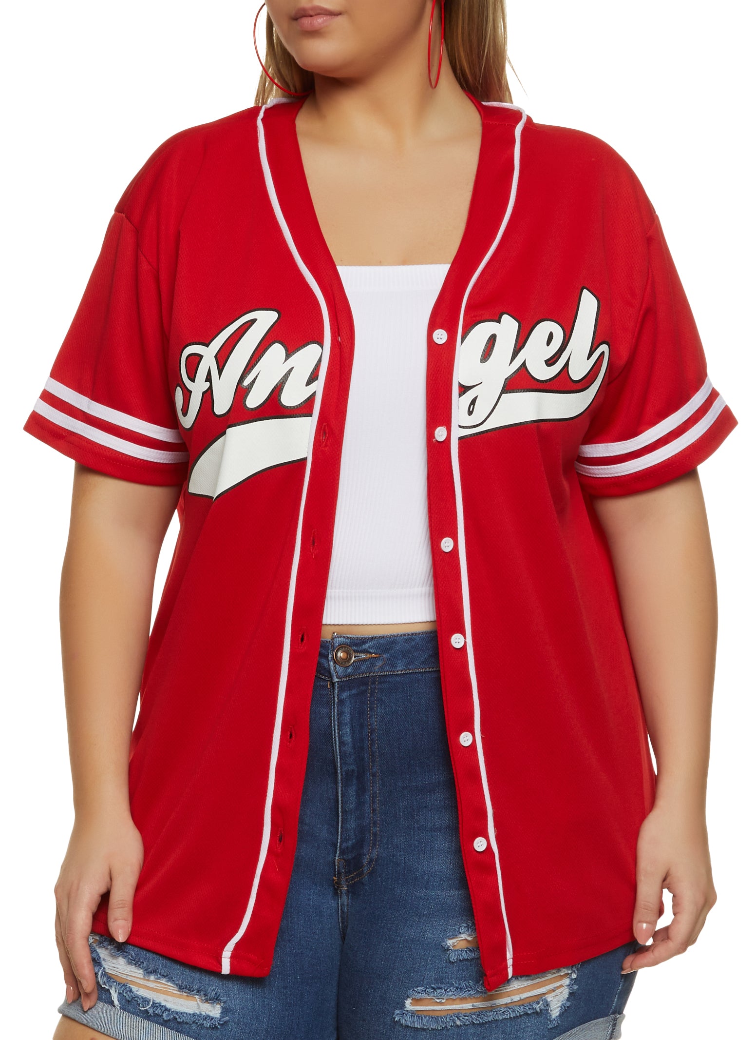Buy the Womens Red White Short Sleeve V-Neck Button Front Baseball
