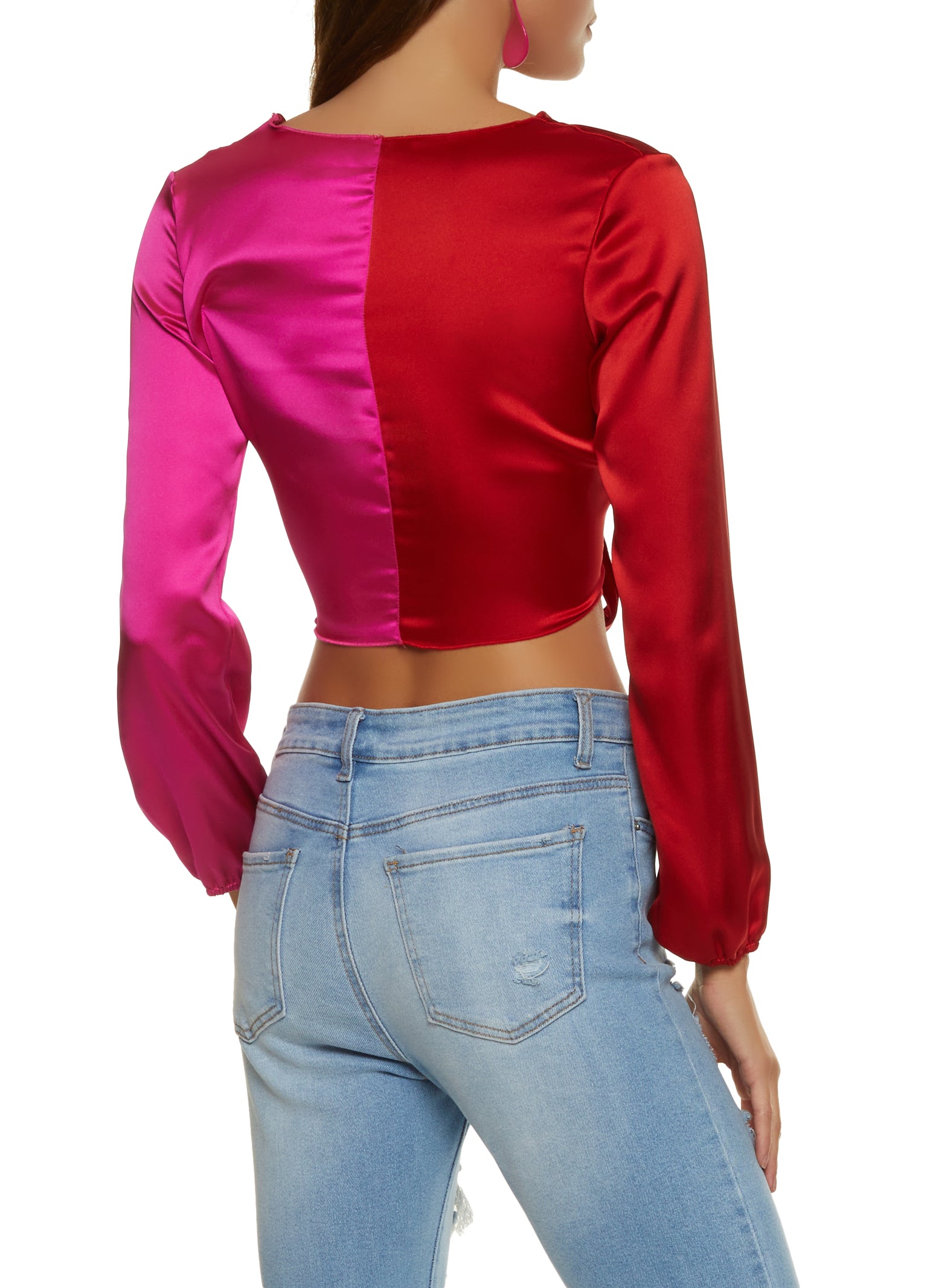 Color Block Satin Pants Set (Orange/ Fuchsia)