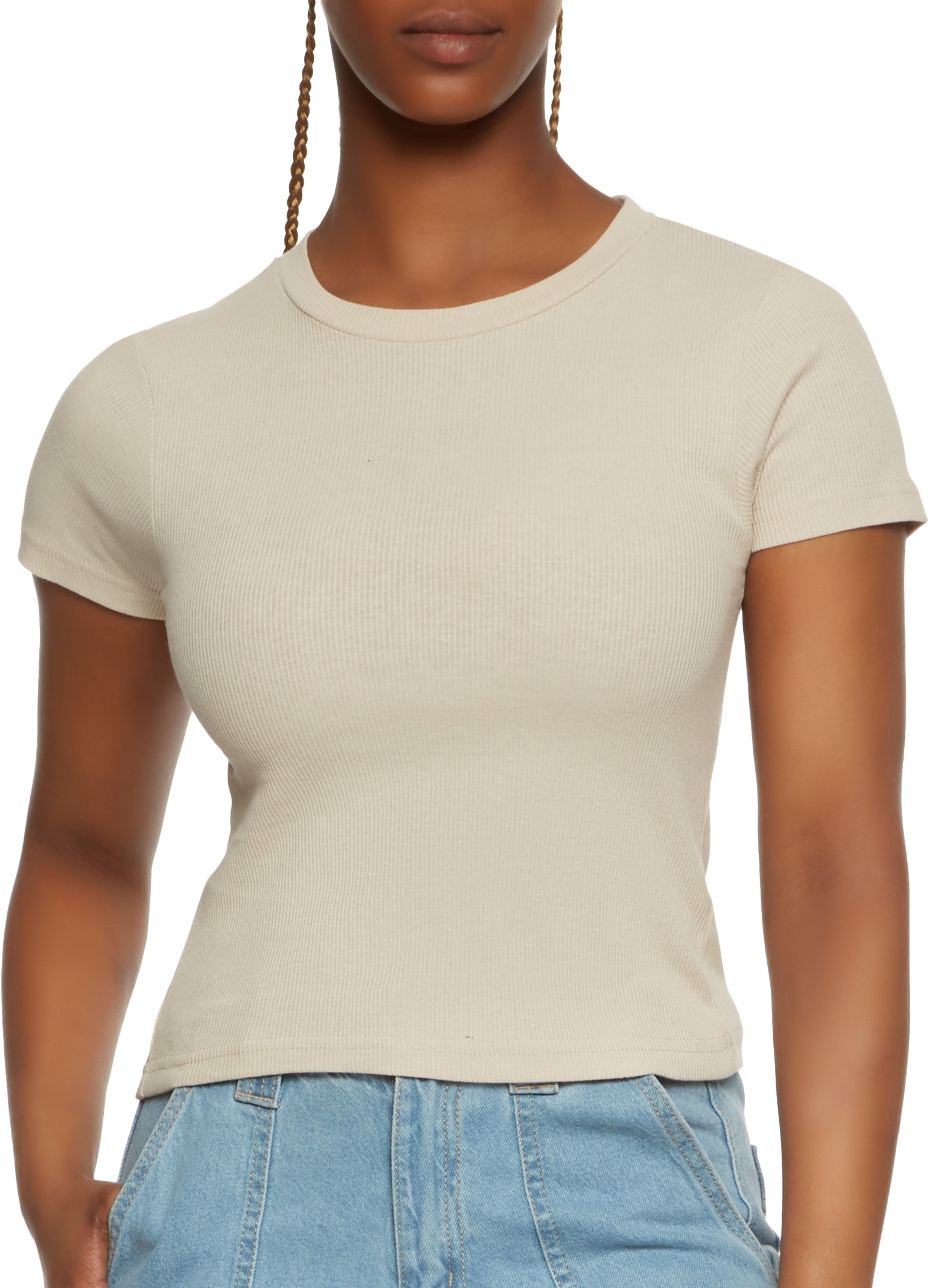 Ribbed Basic Short Sleeve Tee - Tan