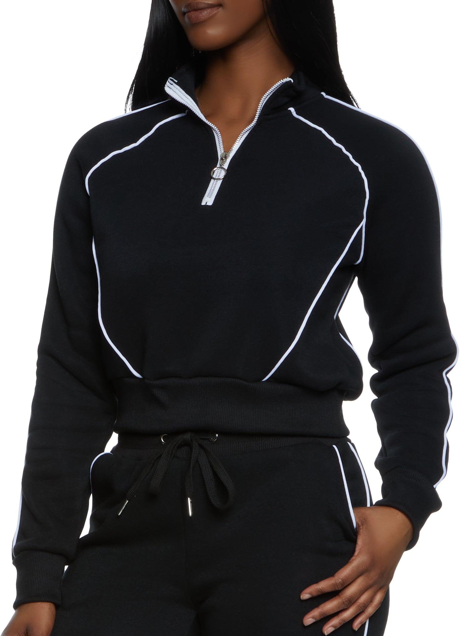 Zip Neck Contrast Piping Track Jacket - Black