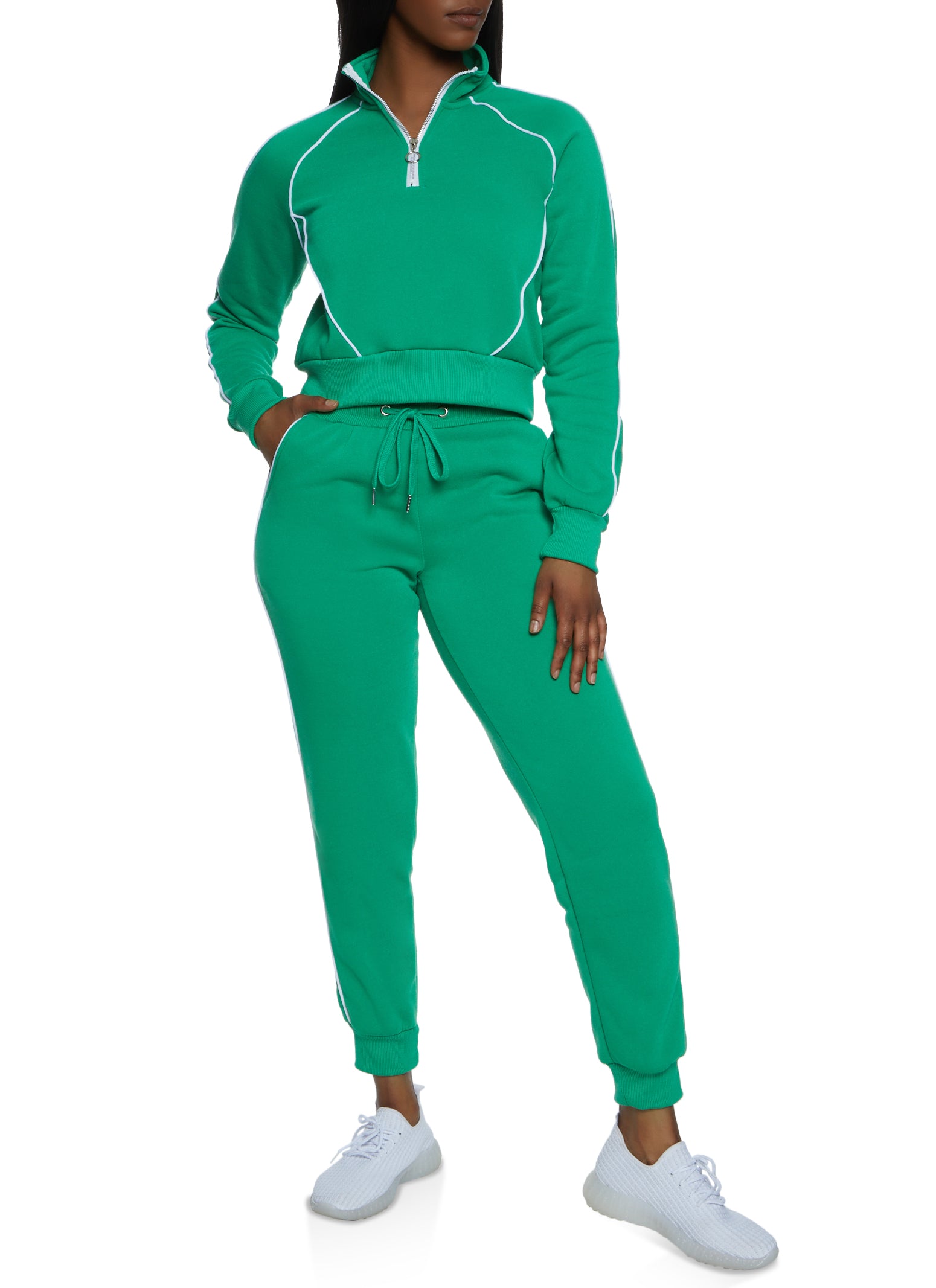 Zip Neck Contrast Piping Track Jacket - Green