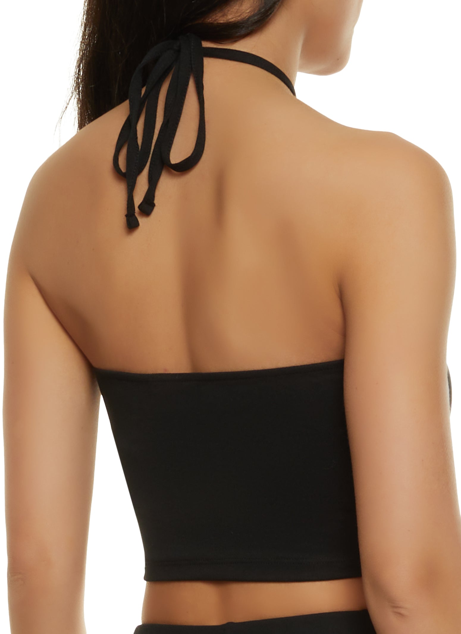 Contrast Cut Out O Ring Halter Crop Top - Black