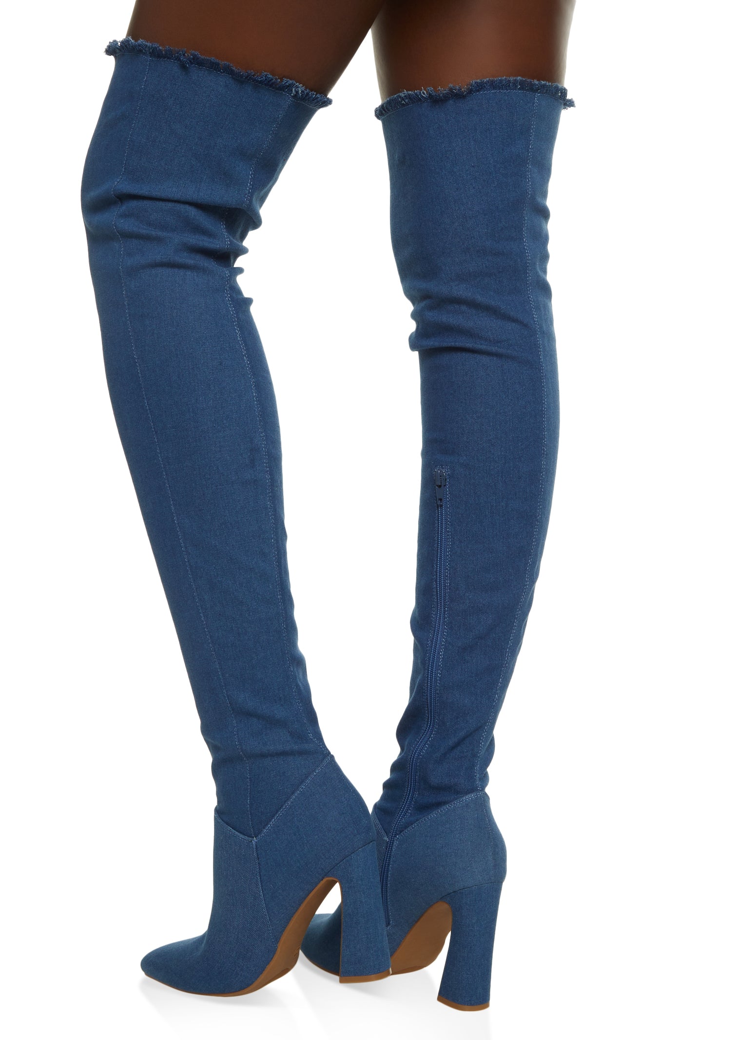 Women's Blue Denim Pointed Toe Thin High Heel Mid-calf Boots