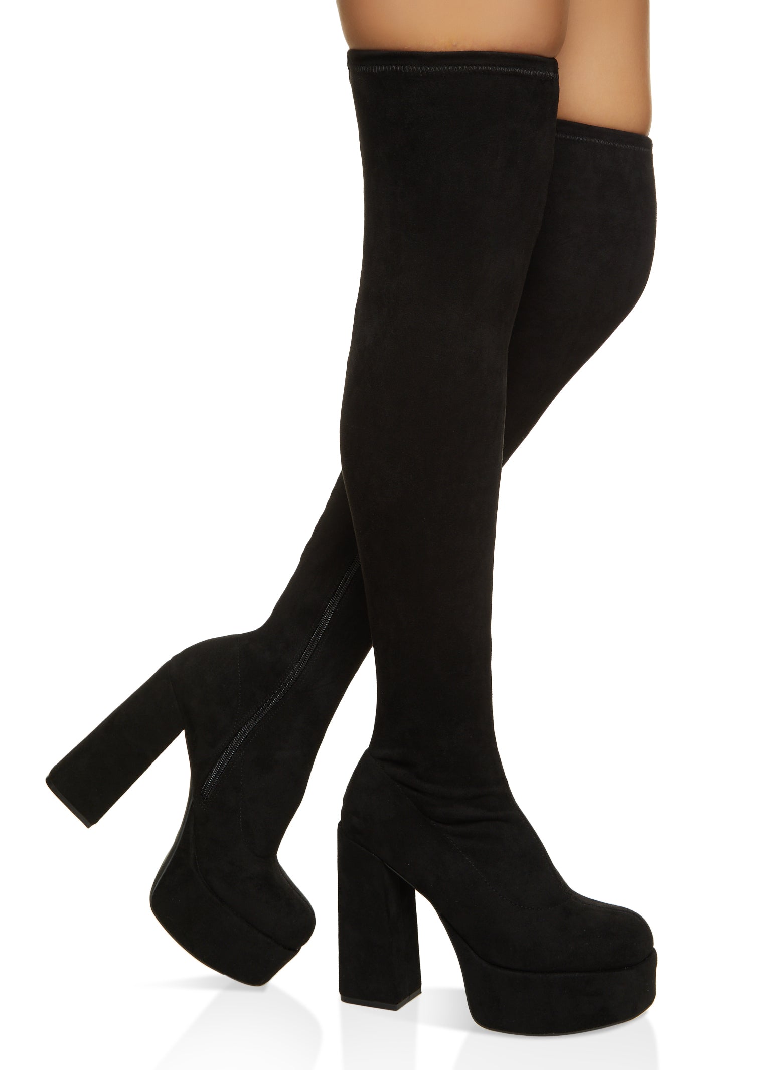 Platform Over The Knee Block Heel Boots - Black Suede