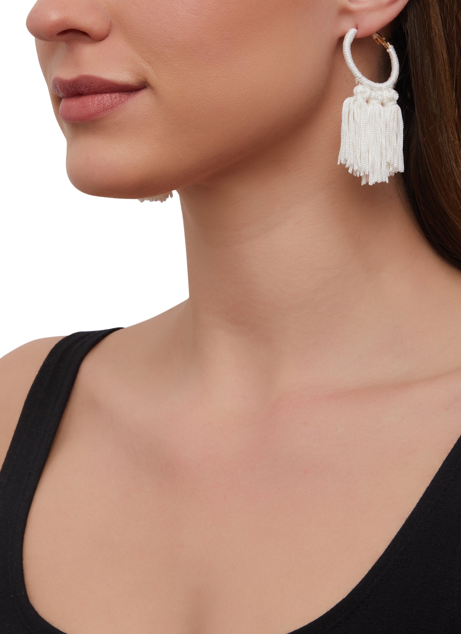 White tassel hoop on sale earrings