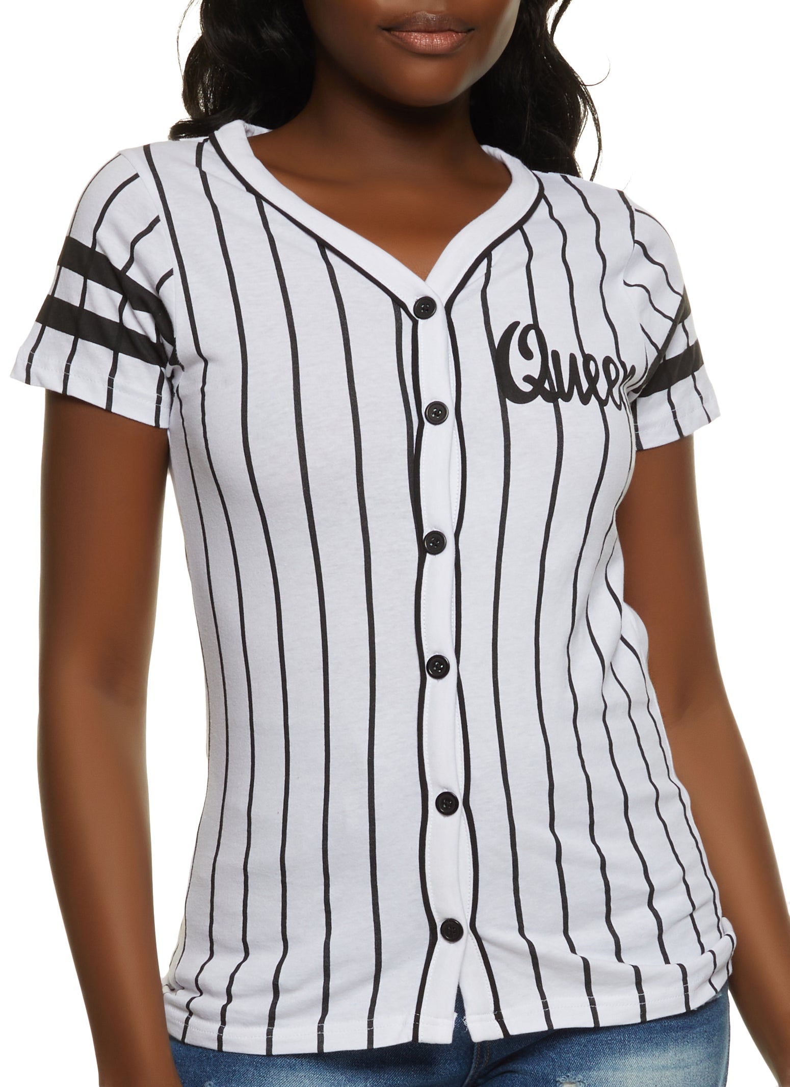 Baseball Shirt With Custom Chenille Logo Black & White Striped