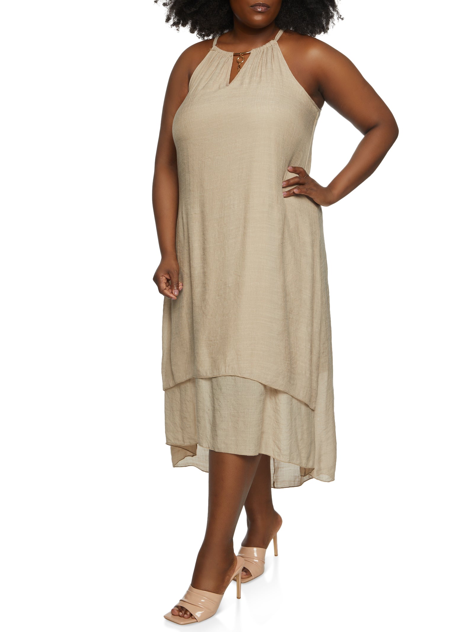 Plus Size Gauze Knit High Low Dress With Necklace 6022