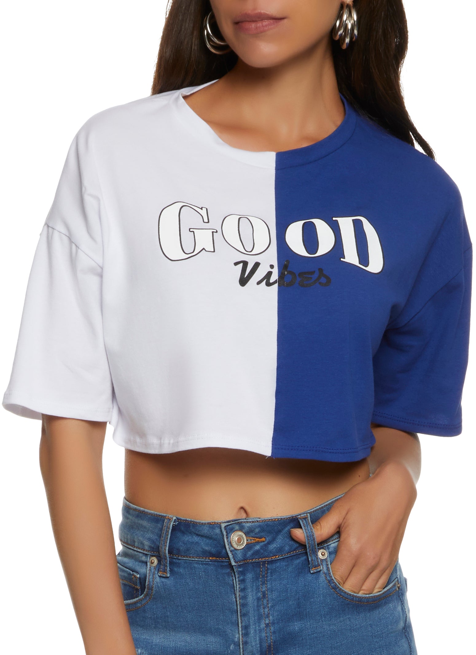 Two Tone Good Vibes Graphic Cropped Tee - Blue