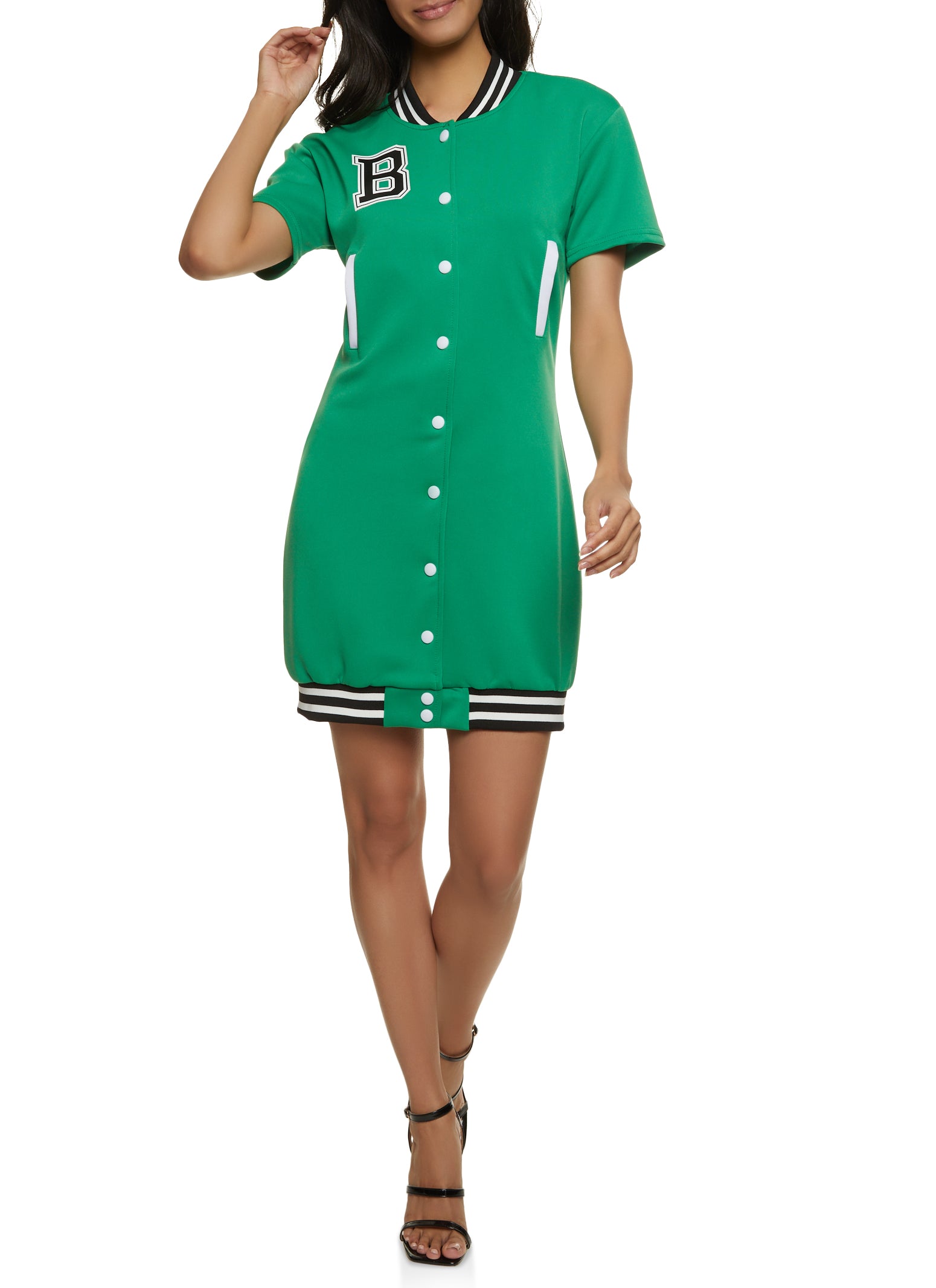 Plus Size Button Front Baseball Jersey Dress - Kelly Green