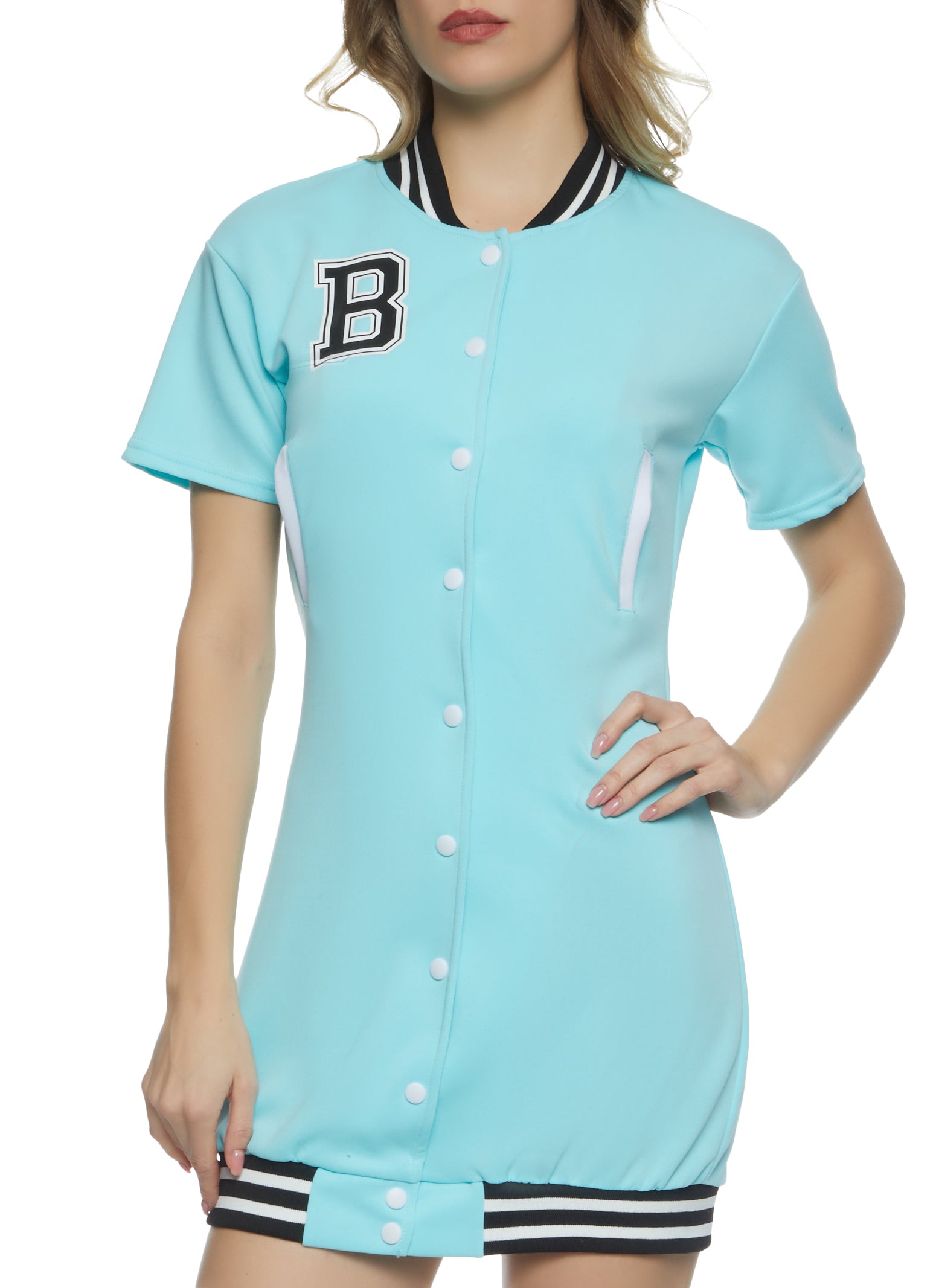 Womens Button Front Baseball Jersey Dress, Baby Blue, Size S | Rainbow Shops
