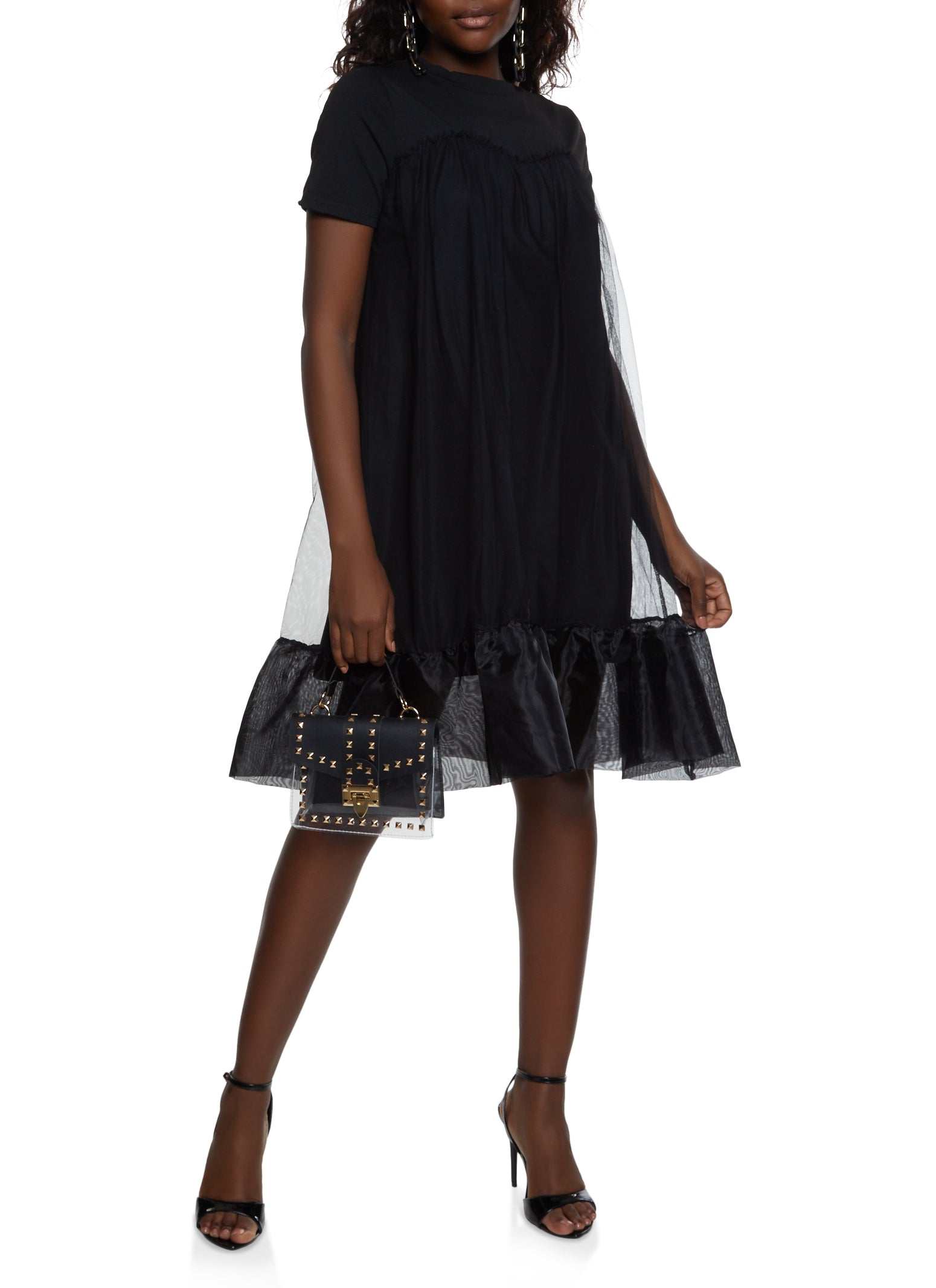 Style tulle hem sale midi dress in black