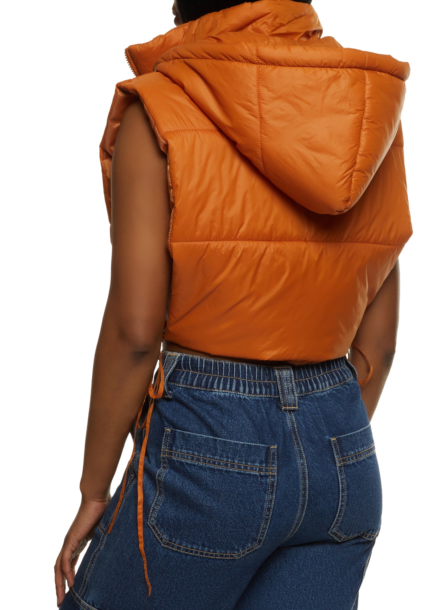 Orange Tie Side Hooded Cropped Puffer Vest