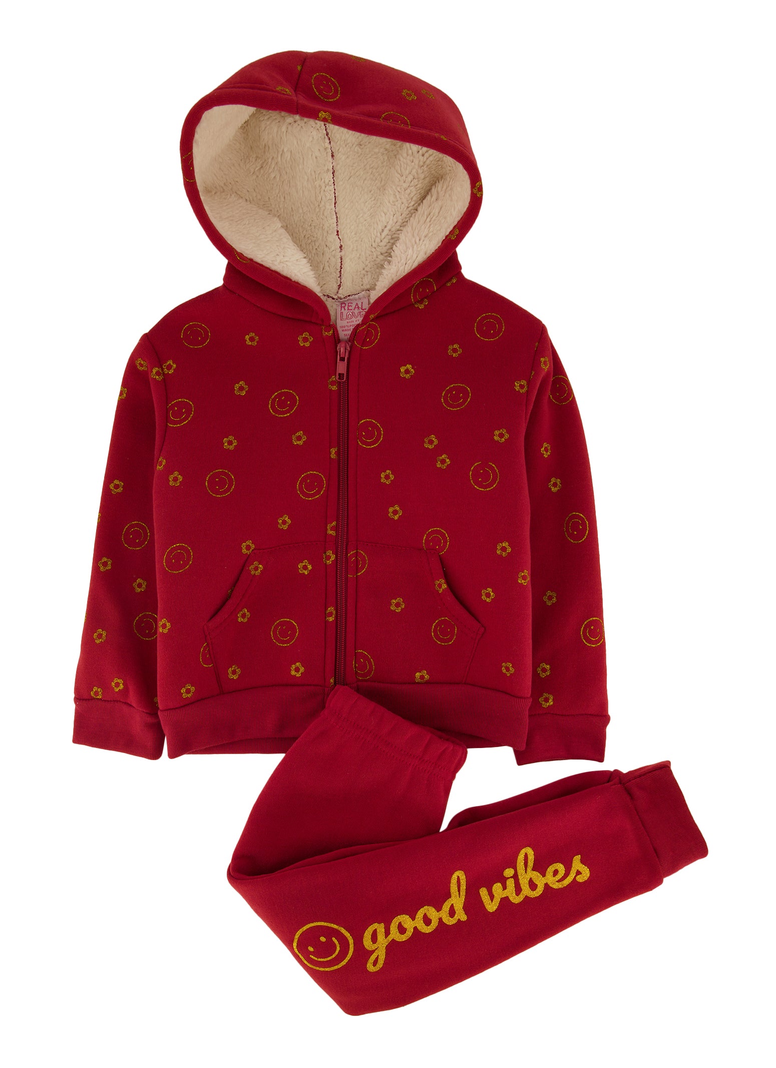 Toddler Girls Glitter Smiley Face Printed Hoodie and Graphic Joggers