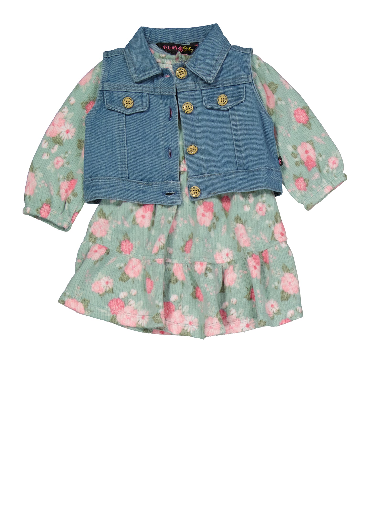 Baby Girls 0-9M Ribbed Floral Dress and Denim Vest - Green