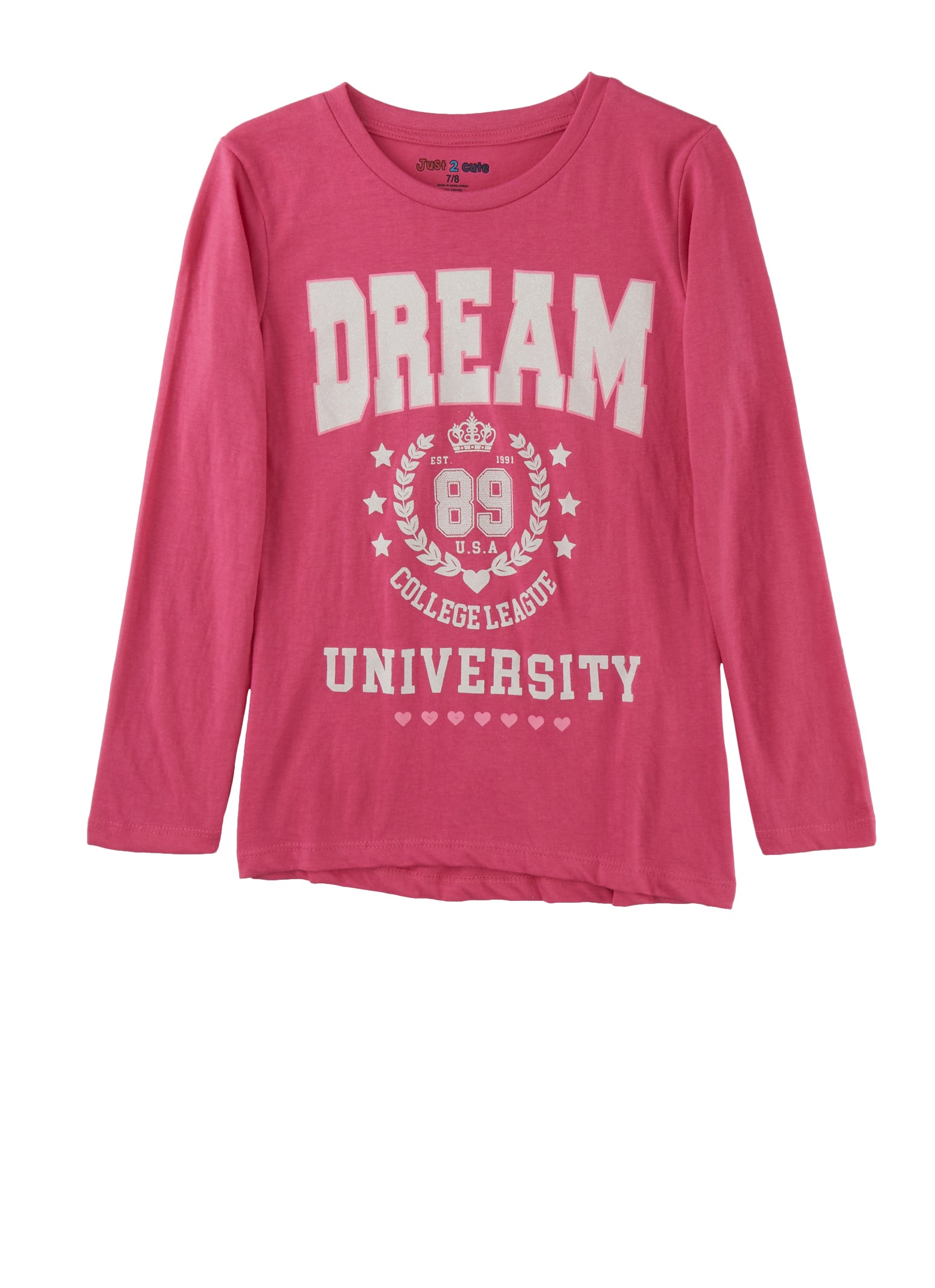 Girls Long Sleeve Glitter Dream University Graphic Tee - Fuchsia