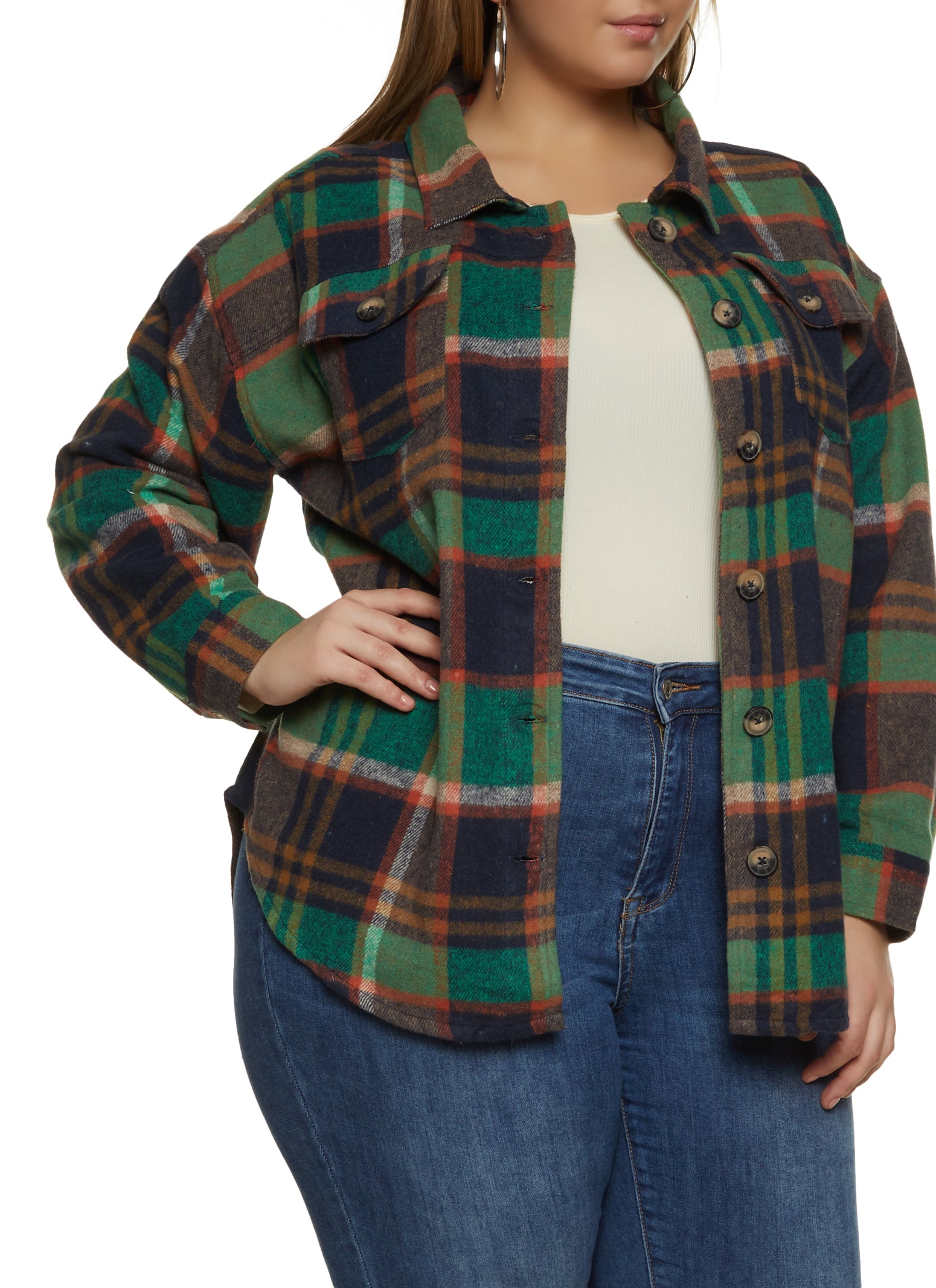 Womens Flannel Plaid Cropped Jacket Long Sleeve Button Down Chest Pocketed Shirts  Coats Shacket 