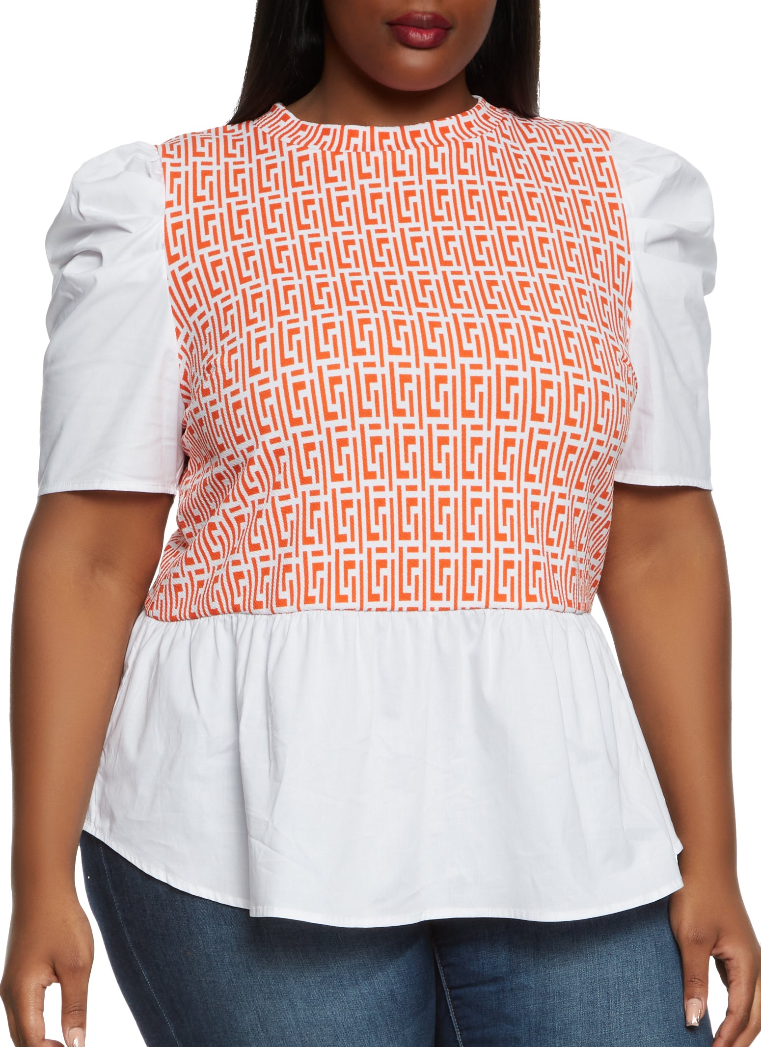 Plus Size Greek Key Print Puff Sleeve Top - Orange