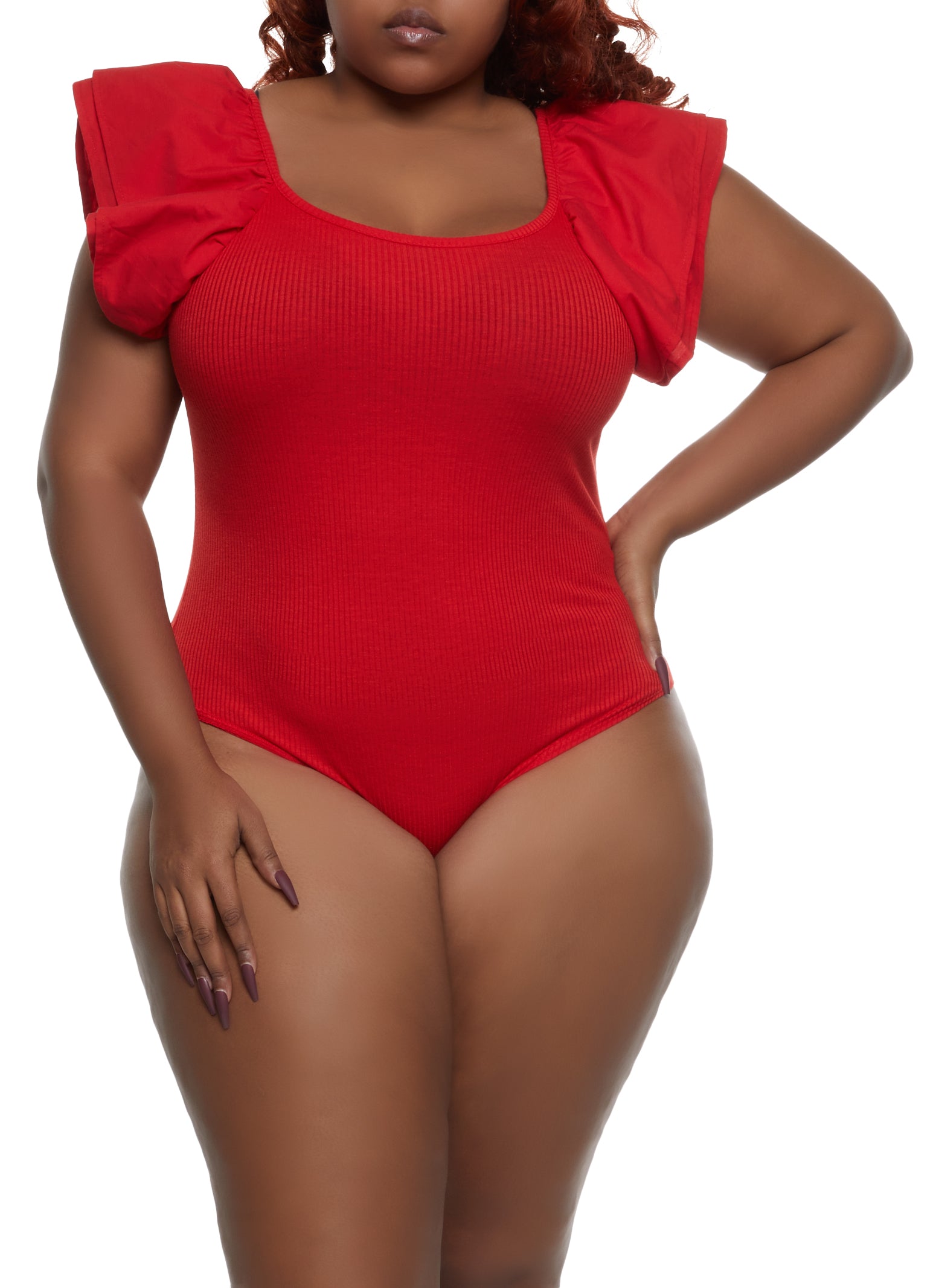 Plus Size Tiered Ruffle Sleeve Bodysuit - Red