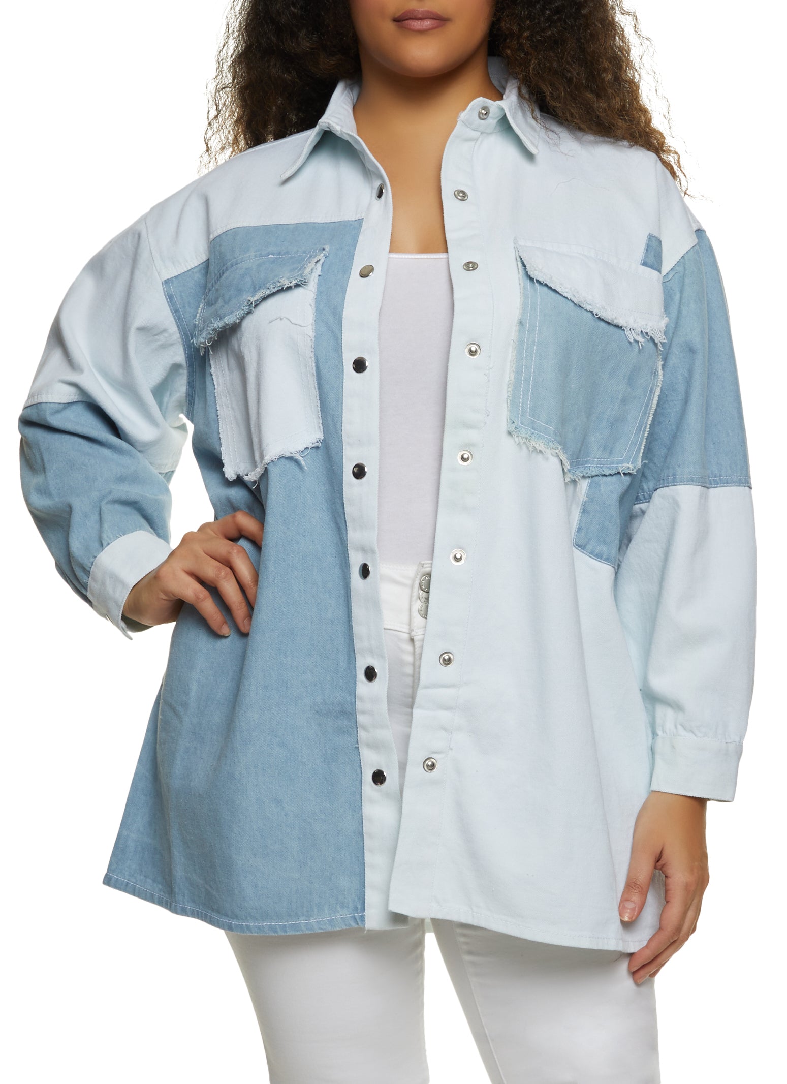Soho Chic Shoppe Sky Blue Plaid Patchwork Denim Jacket - Plus