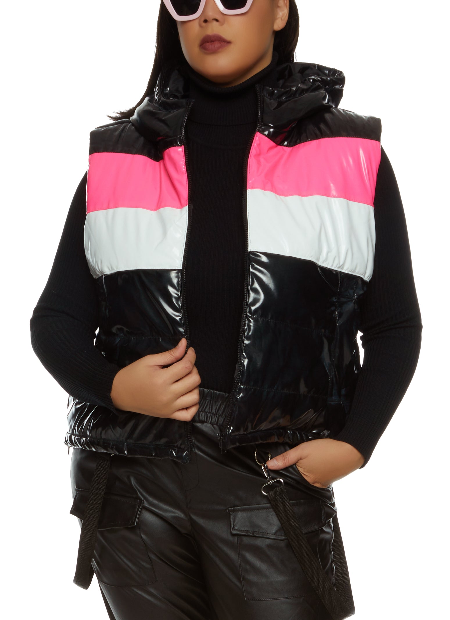 Plus Size Color Block Faux Patent Leather Puffer Vest - Pink Multi